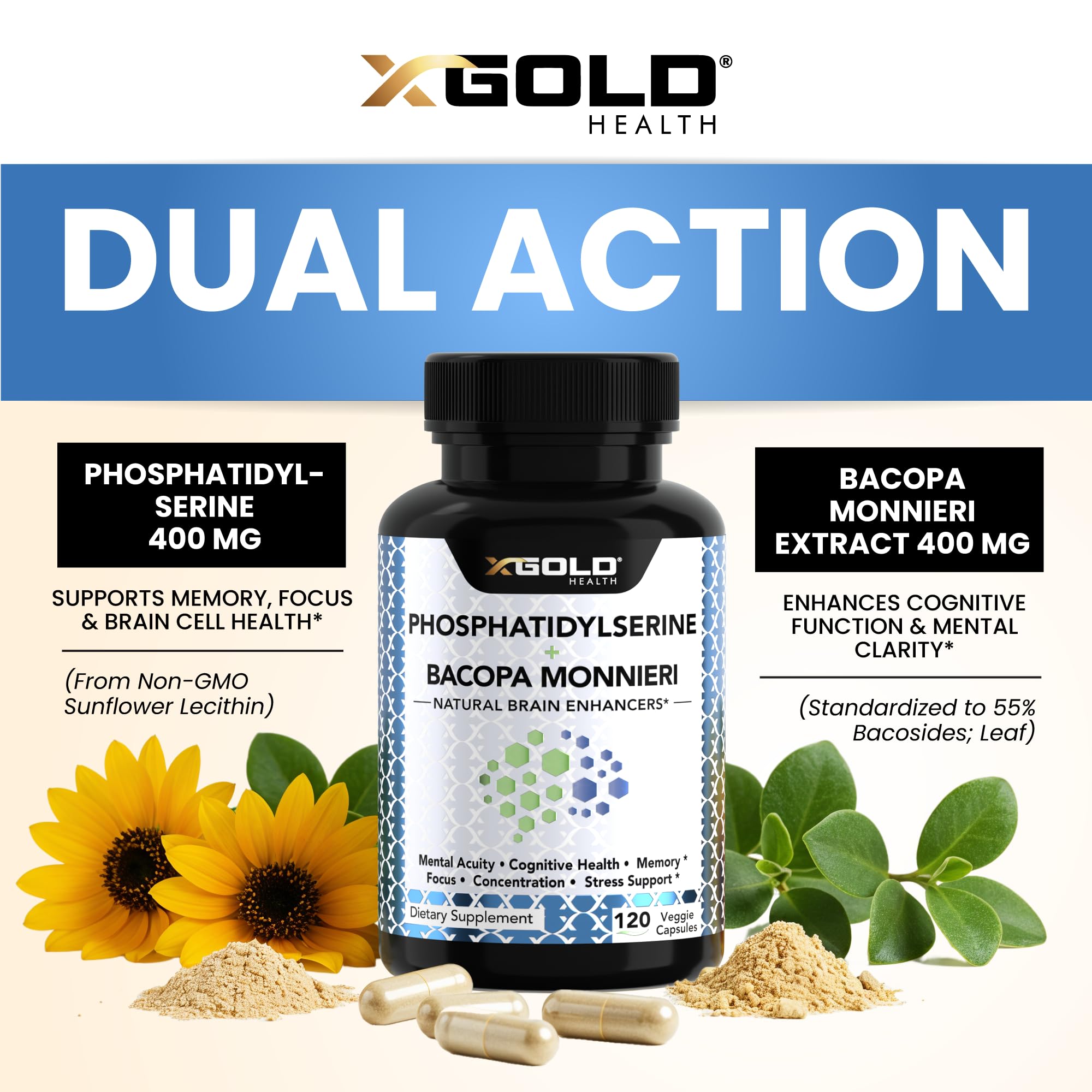 X Gold Health Nootropic Blend bottle with lid open