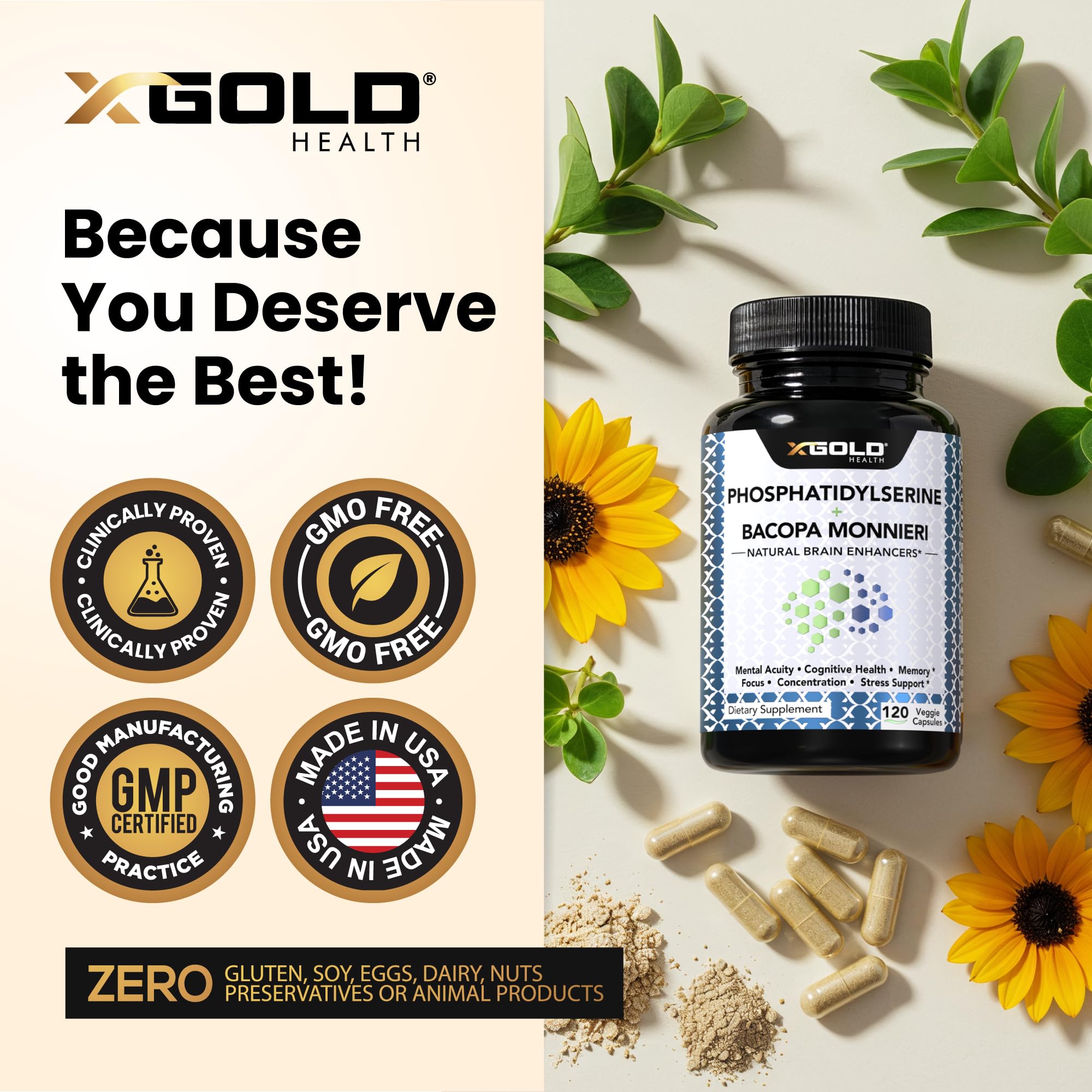 X Gold Health Nootropic Blend capsules on a wooden surface