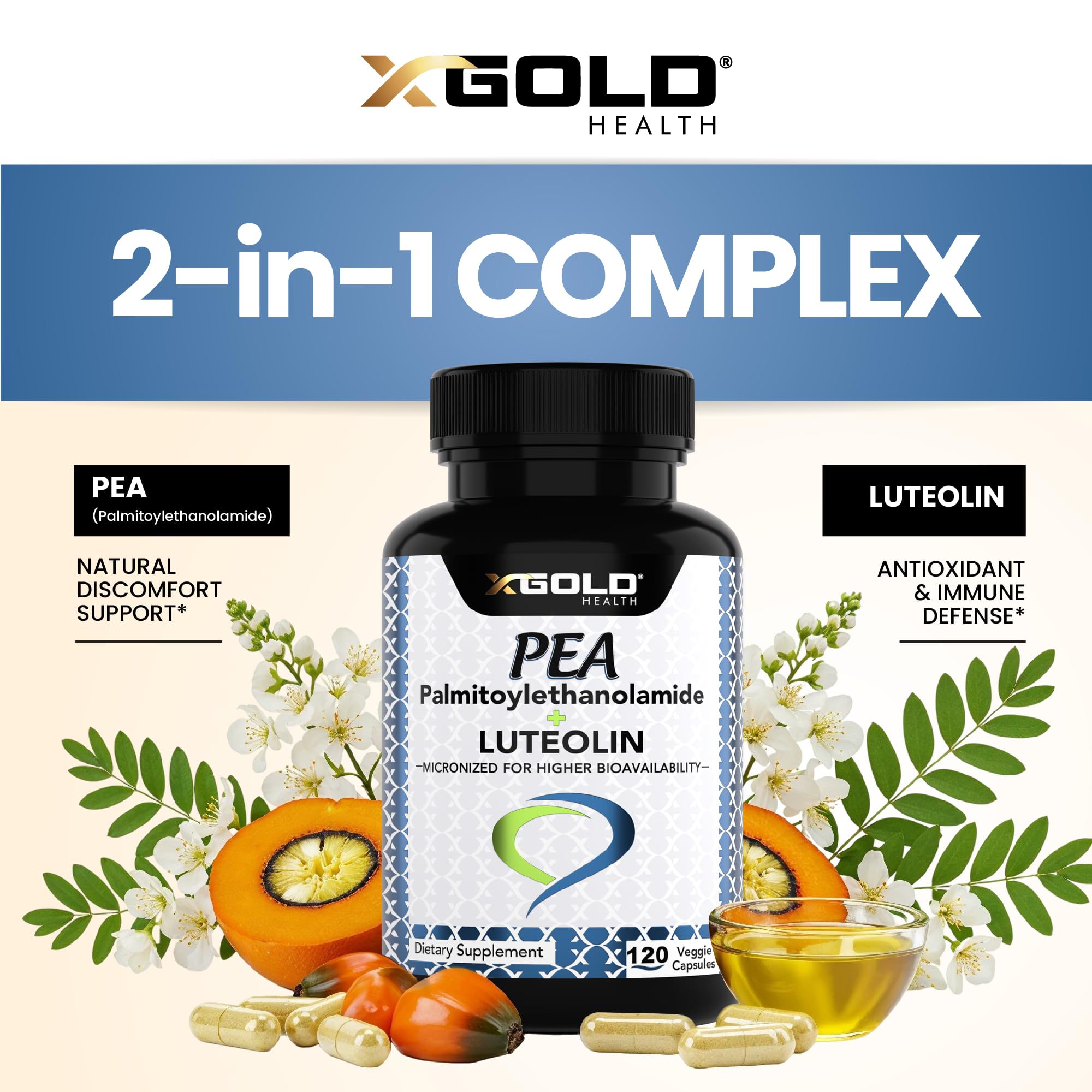X Gold Health Palmitoylethanolamide with Luteolin capsules close-up