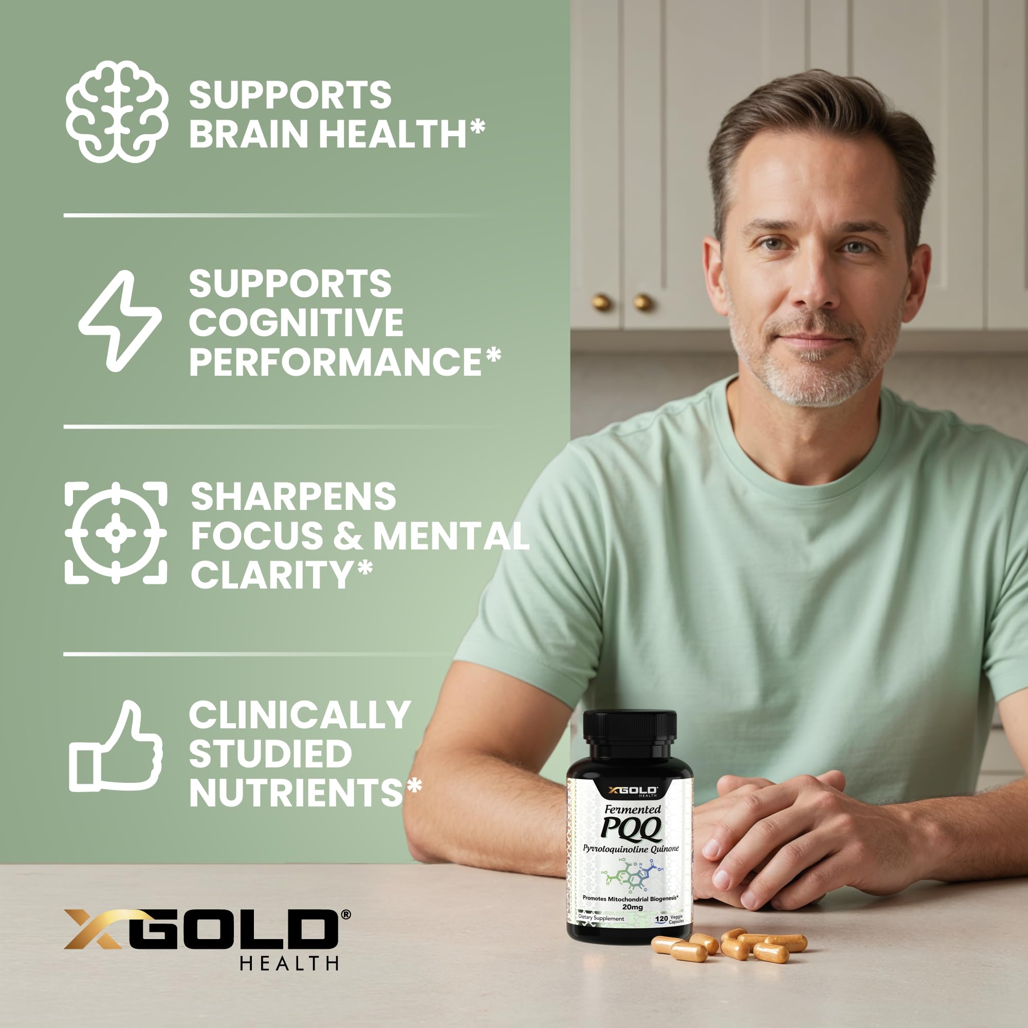 X Gold Health PQQ 20 mg Capsules close-up of capsules