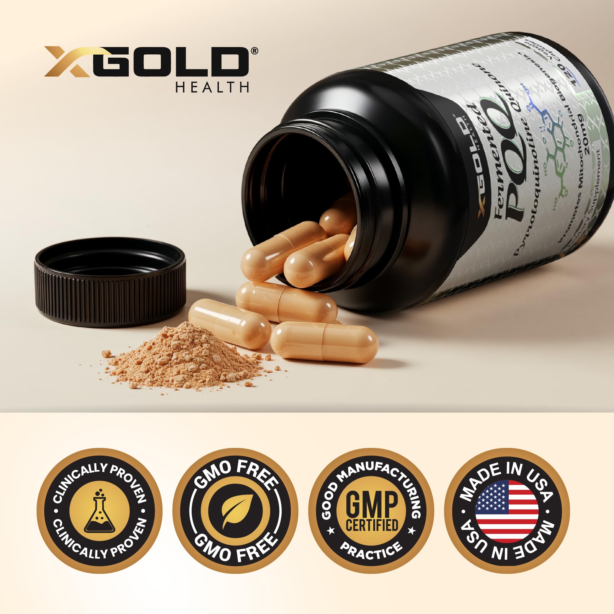X Gold Health PQQ 20 mg Capsules with measuring spoon