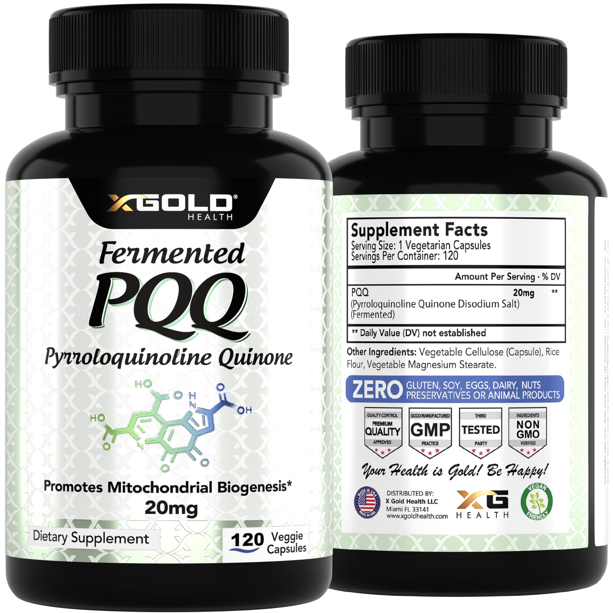 X Gold Health PQQ 20 mg Capsules with natural background