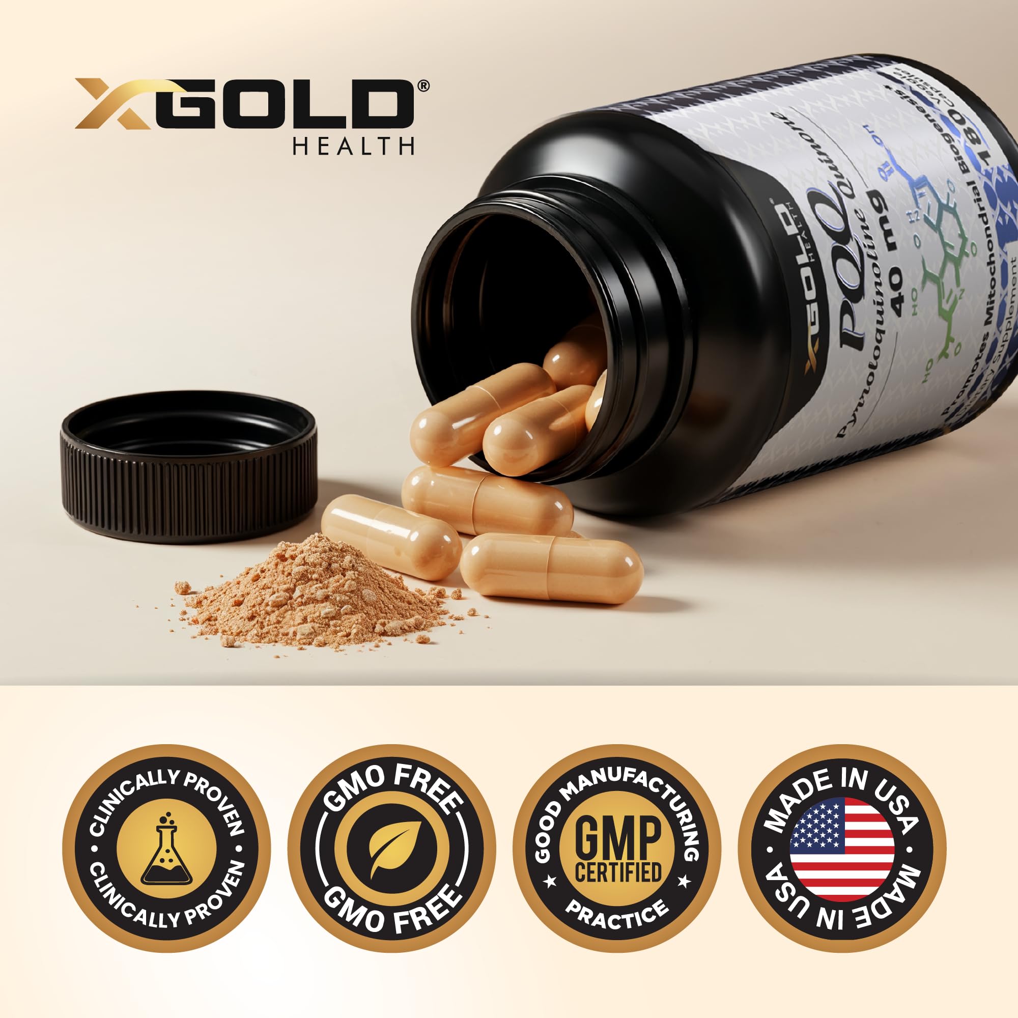X Gold Health PQQ 40mg supplement bottle on a wooden table