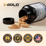 X Gold Health PQQ 40mg supplement bottle on a wooden table