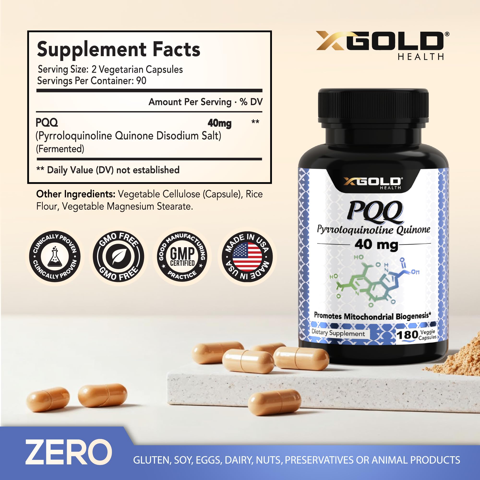 X Gold Health PQQ 40mg supplement bottle side view