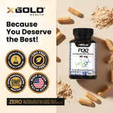 X Gold Health PQQ 40mg supplement bottle with measuring spoon