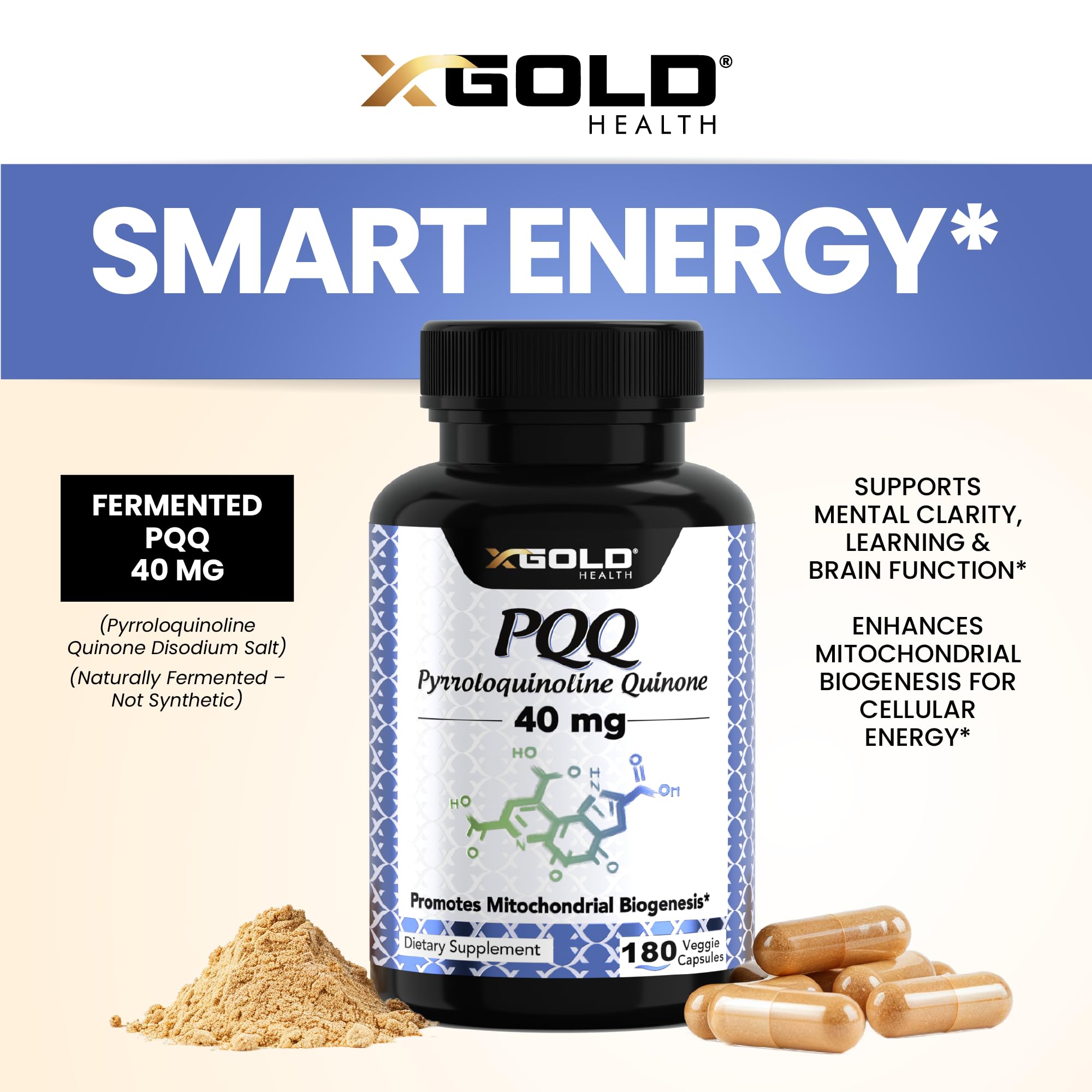 X Gold Health PQQ 40mg supplement capsules close-up
