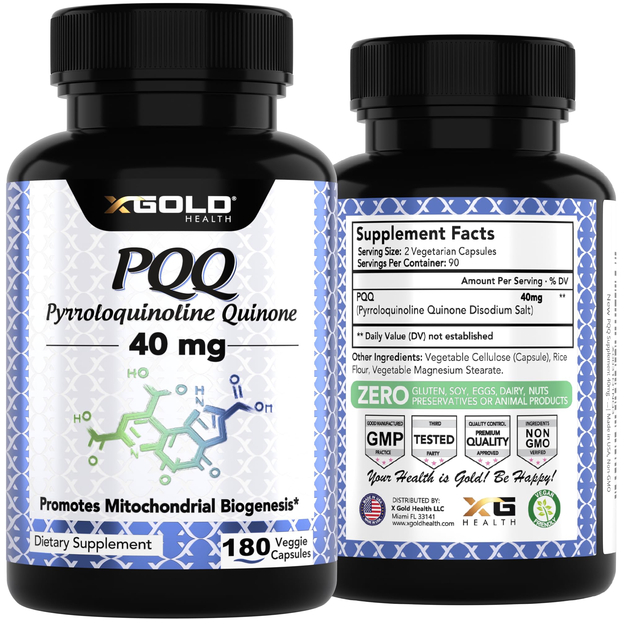 X Gold Health PQQ 40mg supplement capsules in a glass