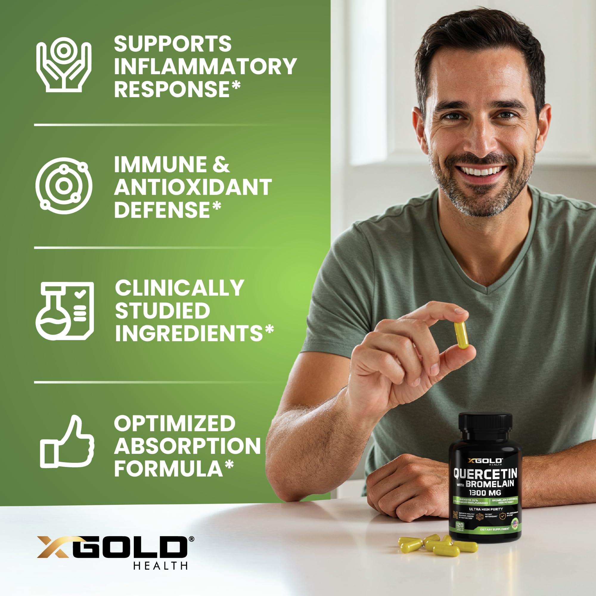 X Gold Health Quercetin Capsules bottle on a wooden table