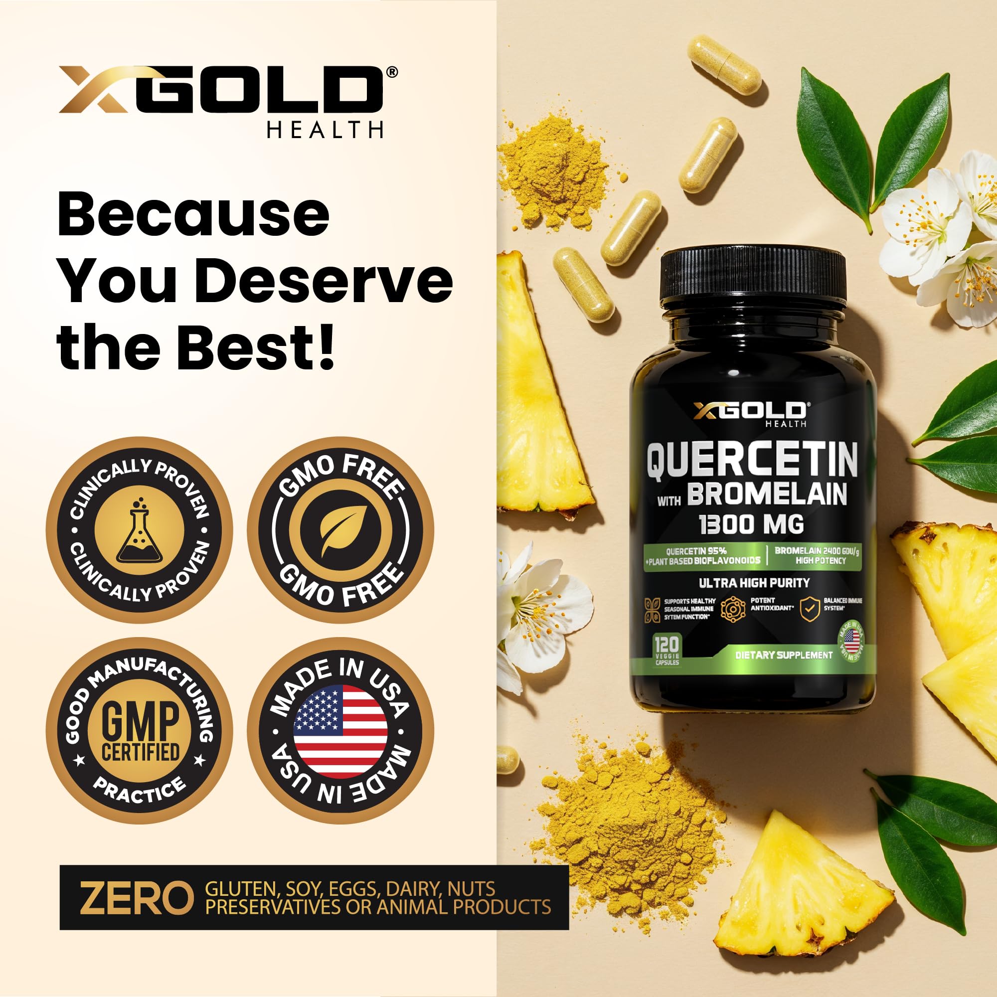 X Gold Health Quercetin Capsules displayed with a measuring spoon