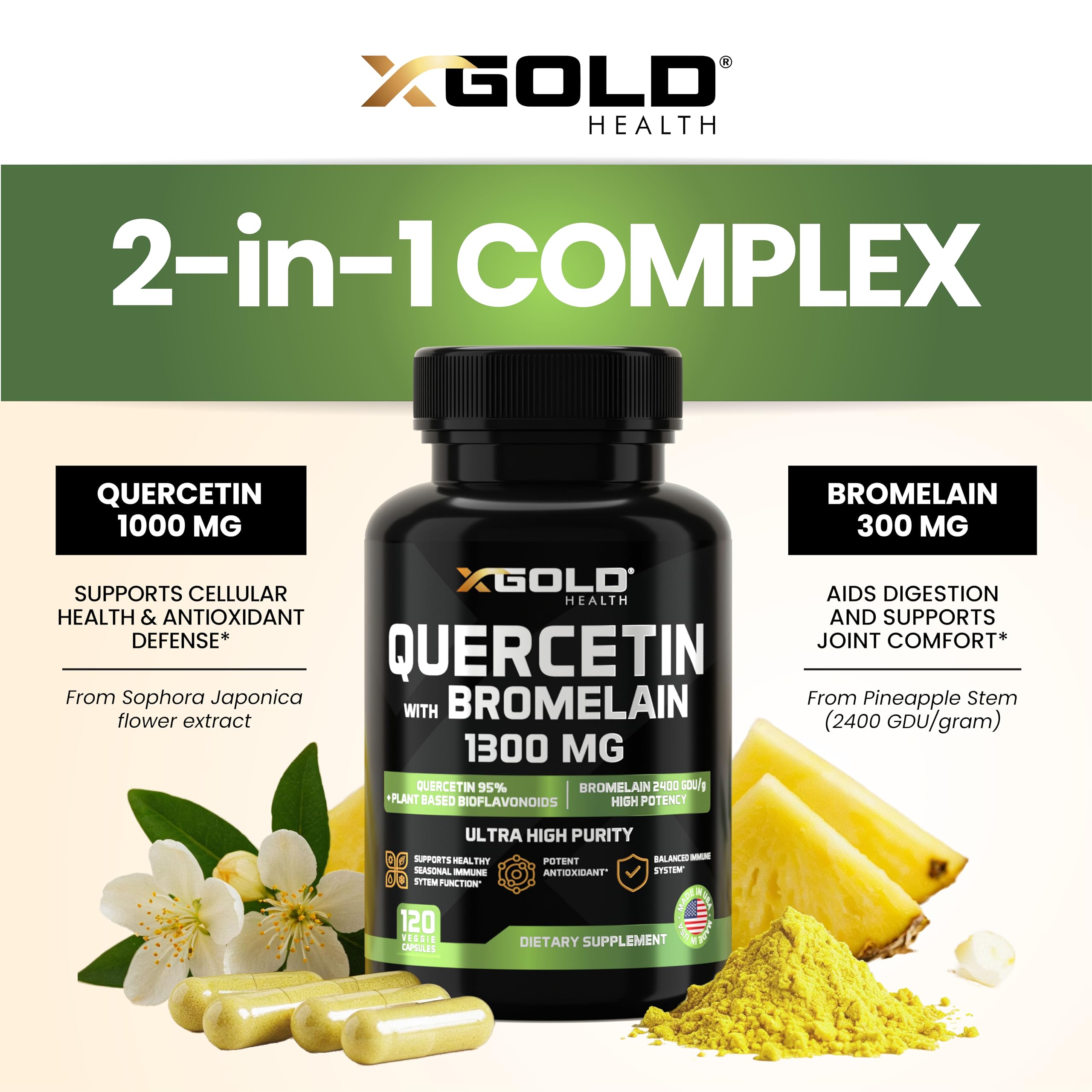 X Gold Health Quercetin Capsules with bromelain ingredients close-up