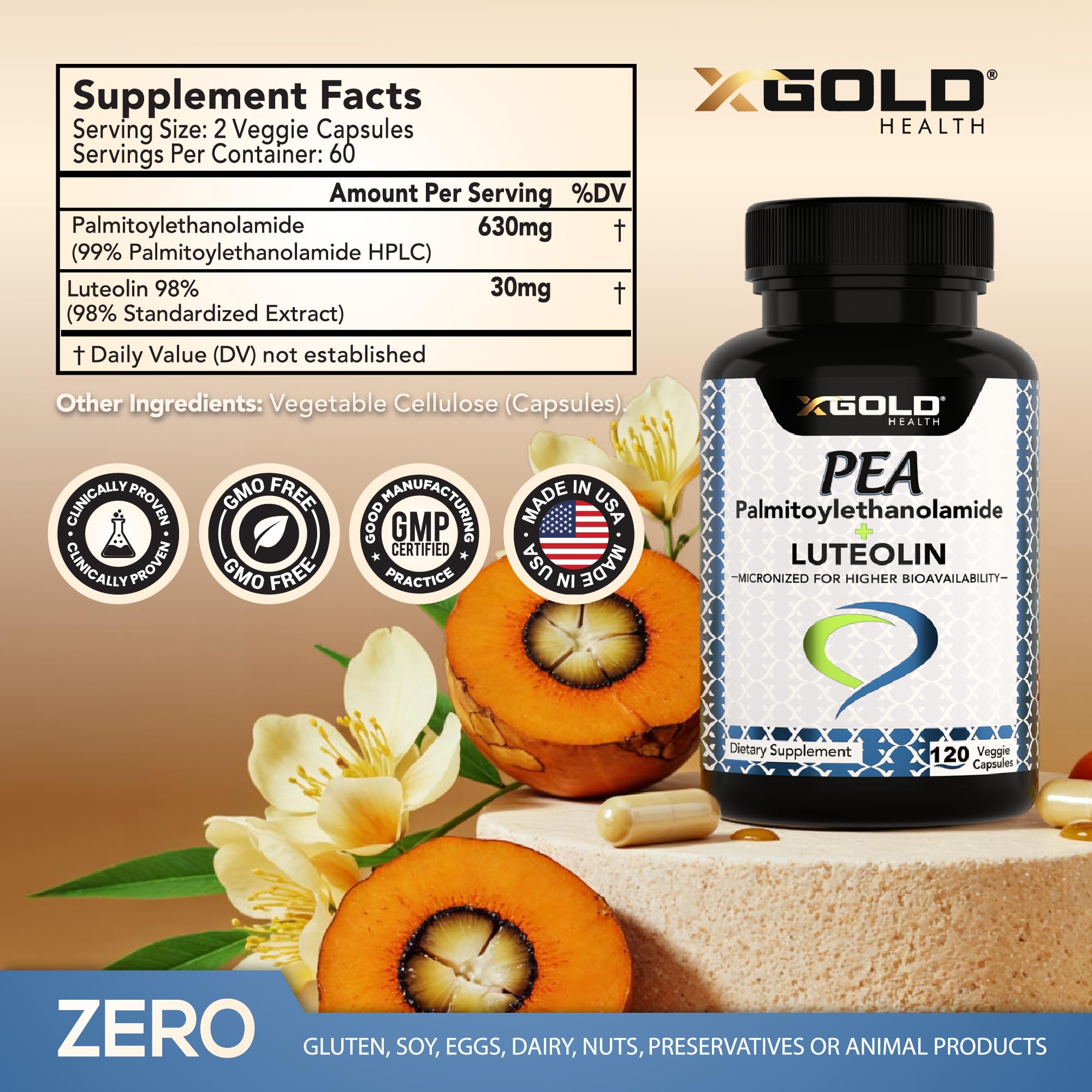 X Gold Health supplement bottle with capsules
