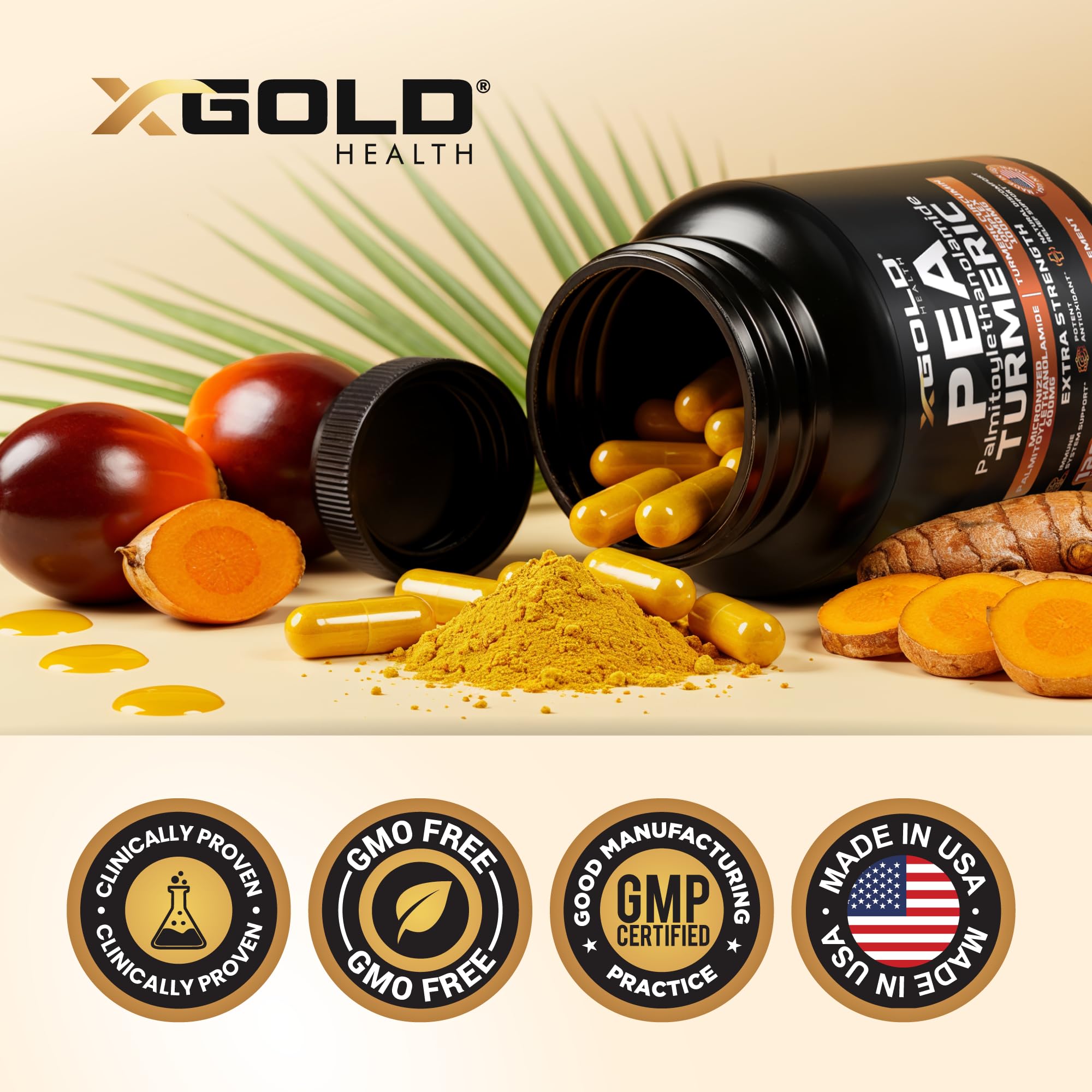 X Gold Health Turmeric Curcumin Complex 1600mg Capsules on a wooden table