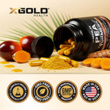 X Gold Health Turmeric Curcumin Complex 1600mg Capsules on a wooden table