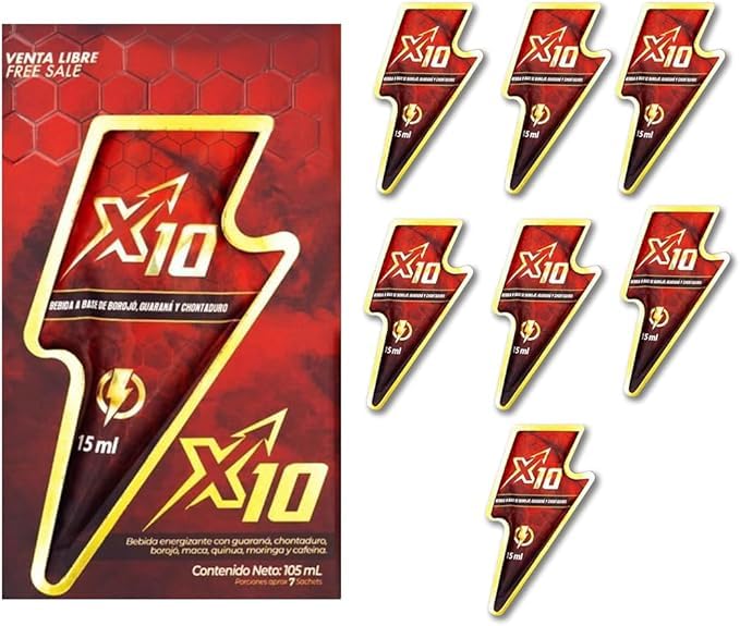 X10 Natural Supplement sachet showing Chontaduro, Guarana, Borojó
