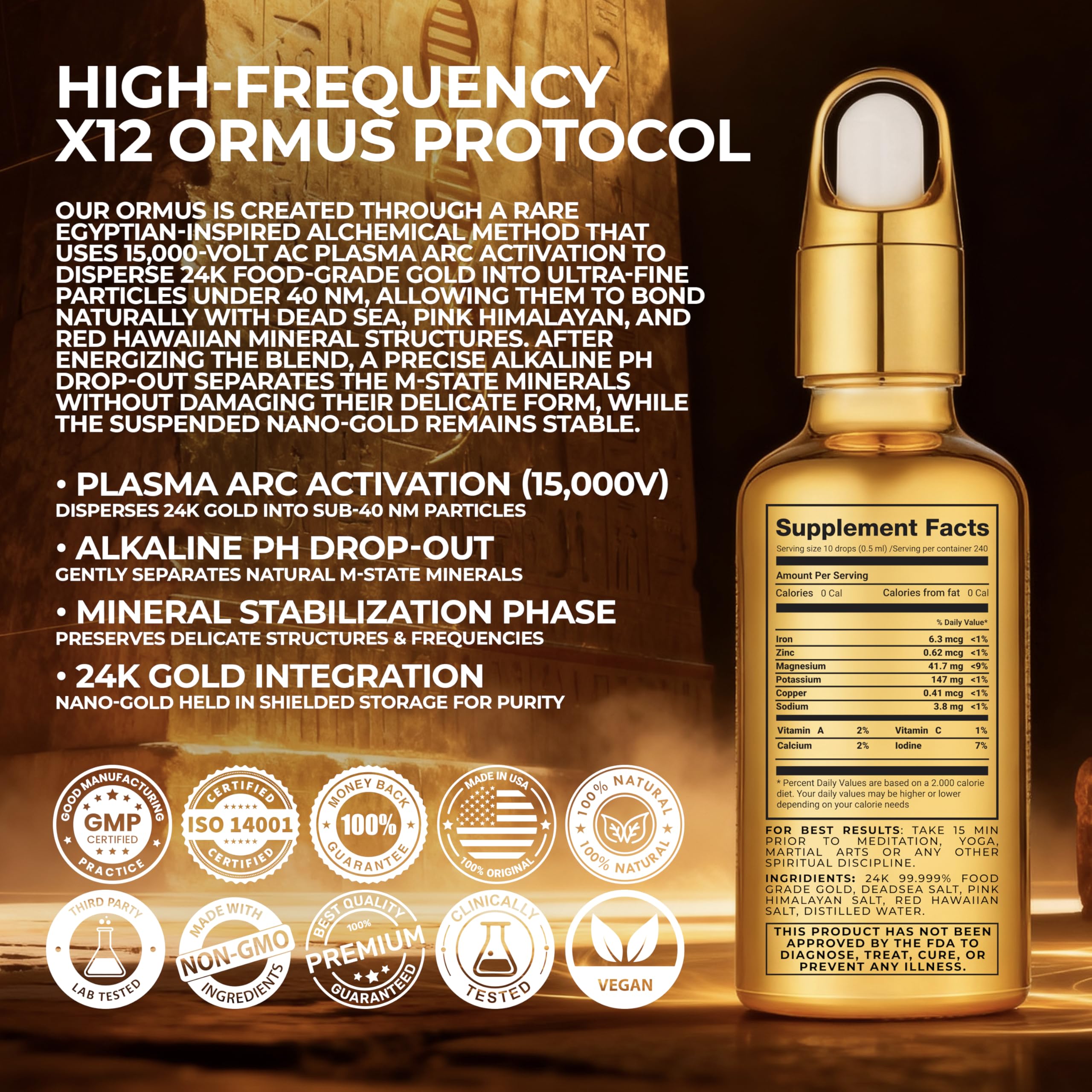 x12 Ormus 24k Gold blended vitamin supplement side view