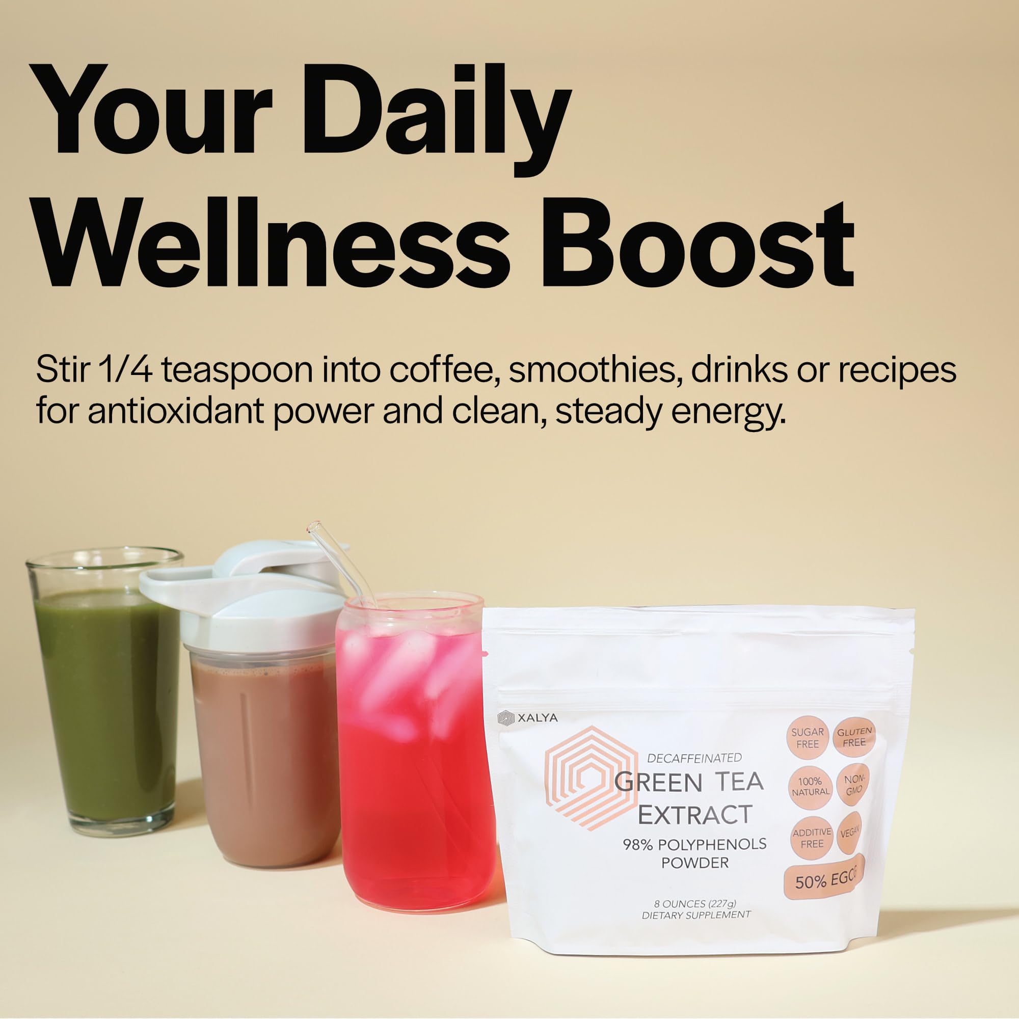 Xalya Green Tea Extract Powder mixed in a smoothie