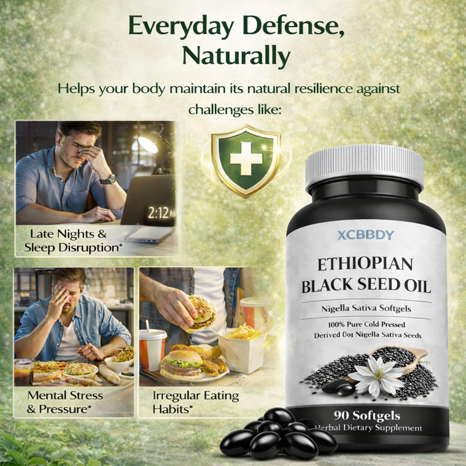 XCBBDY Black Seed Oil Softgels ingredients list on the bottle