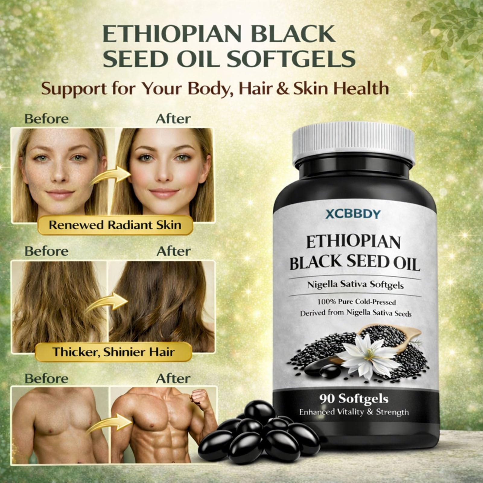 XCBBDY Black Seed Oil Softgels lifestyle shot on a kitchen counter
