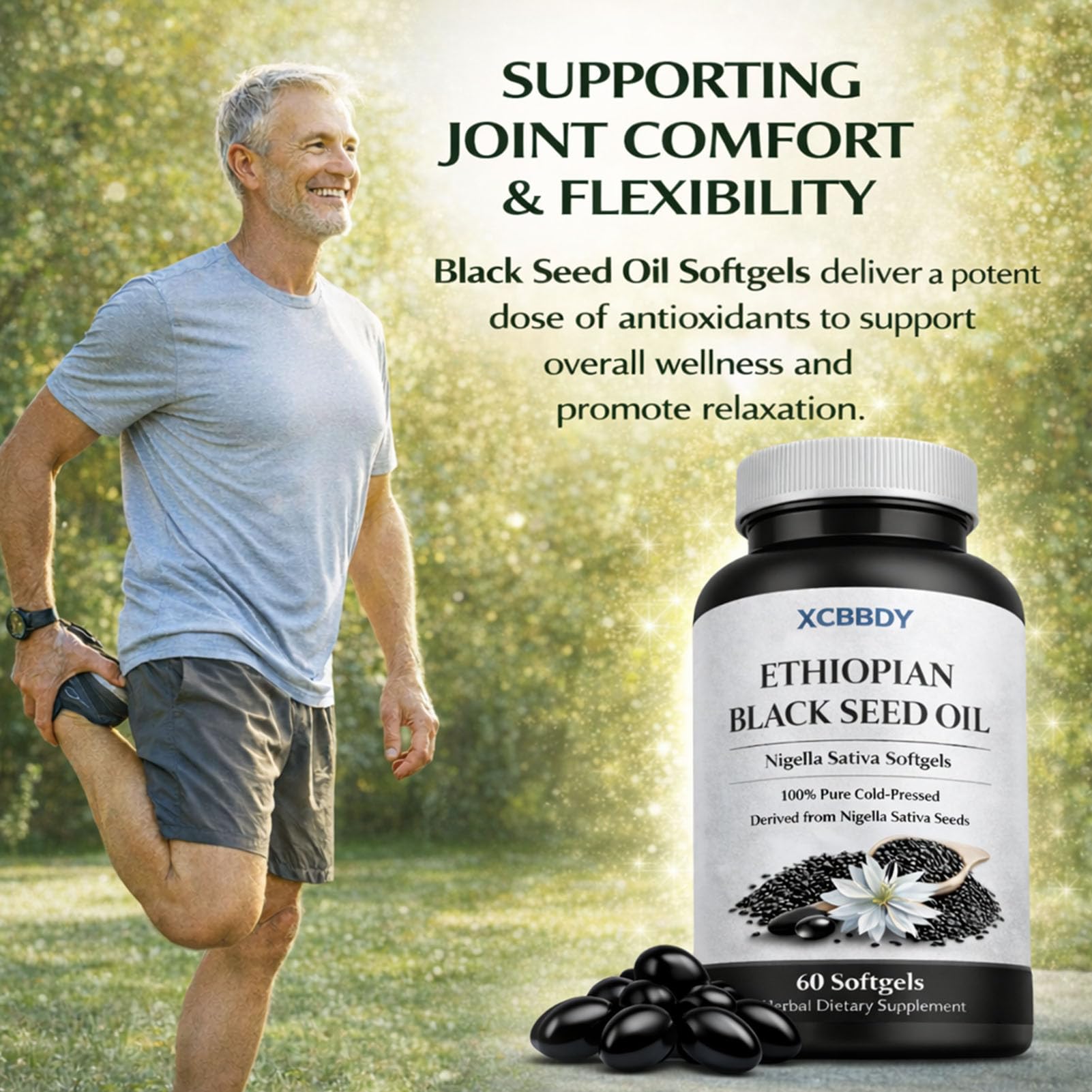 XCBBDY Black Seed Oil Softgels opened bottle with softgels visible