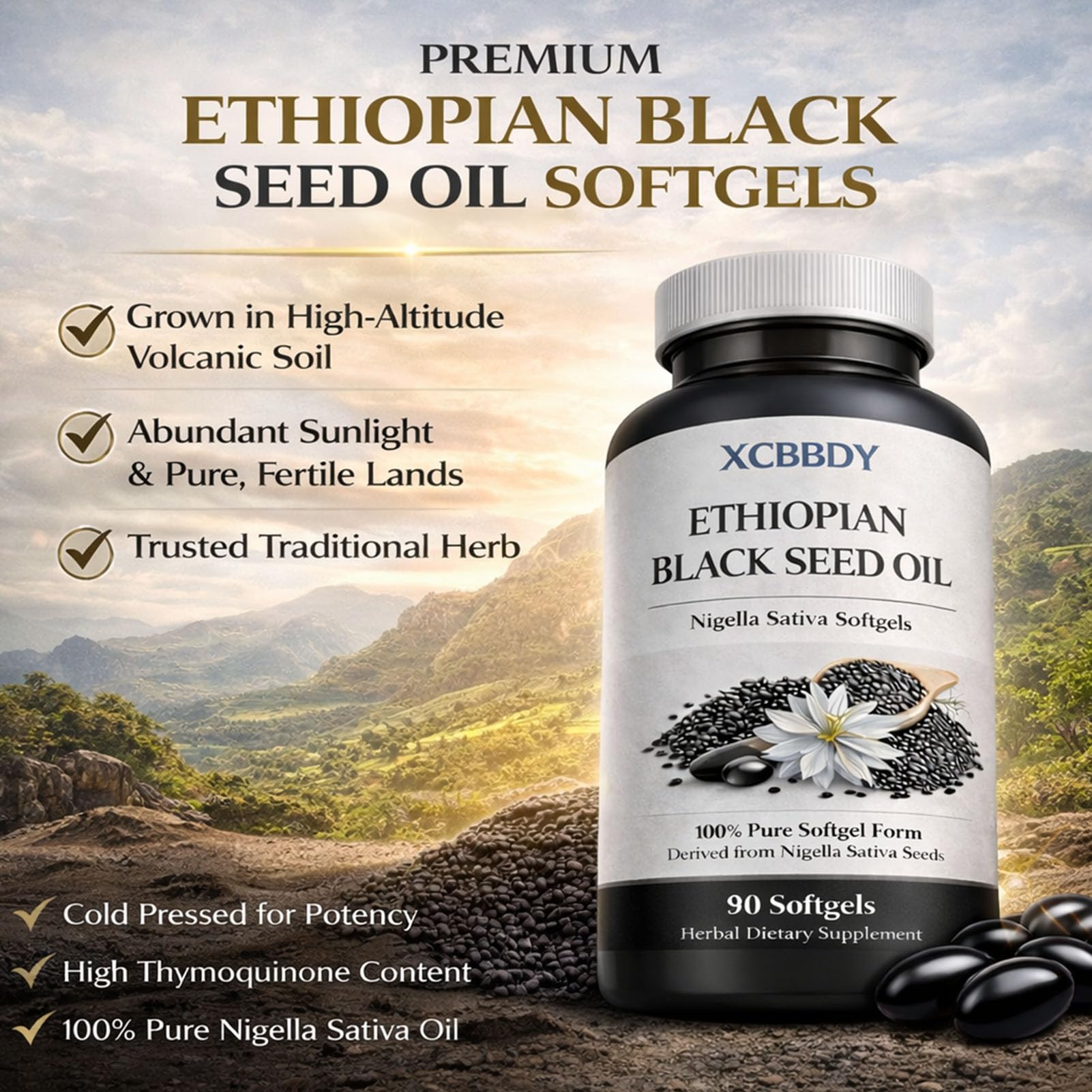 XCBBDY Black Seed Oil Softgels side view showing capsule