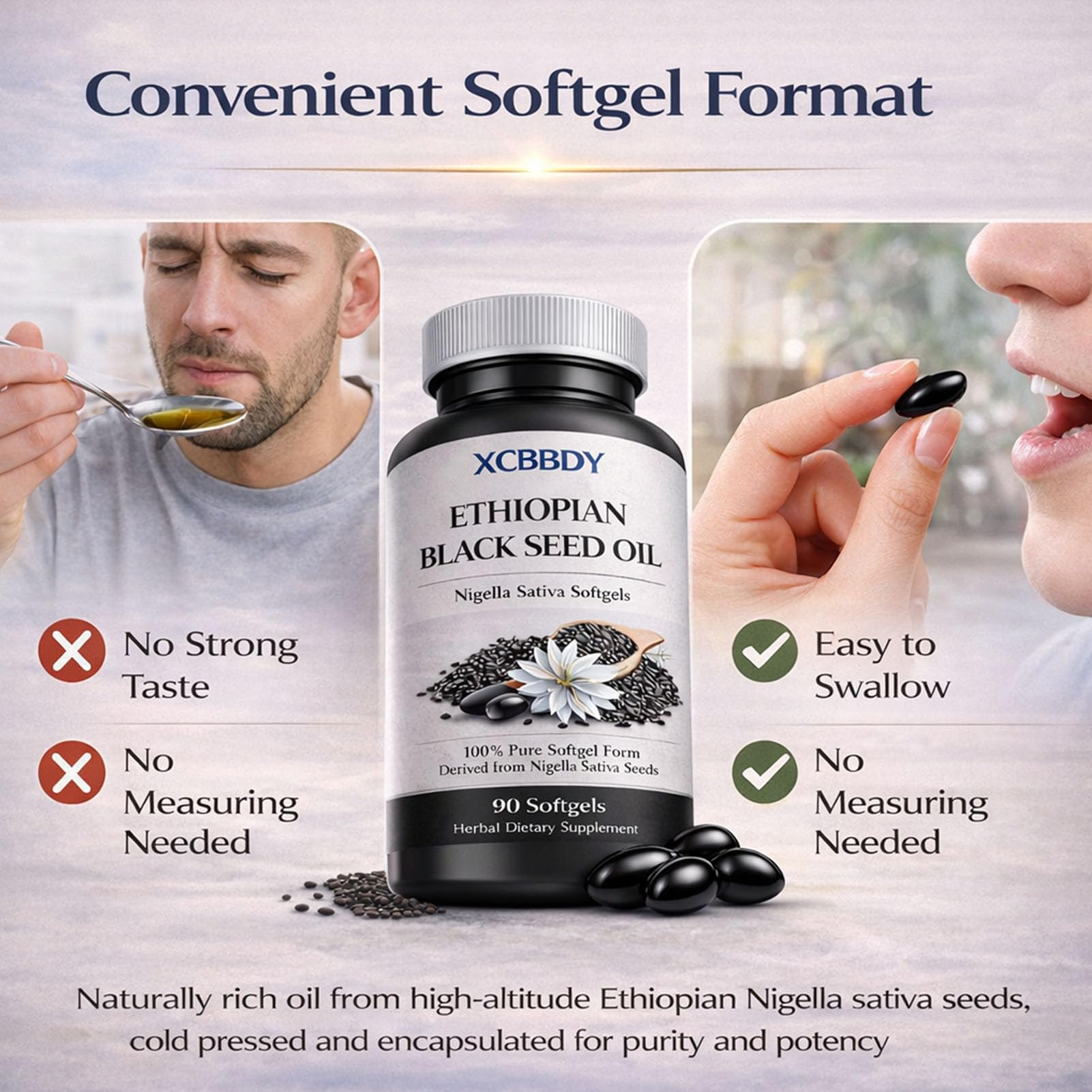 XCBBDY Black Seed Oil Softgels with a measuring spoon