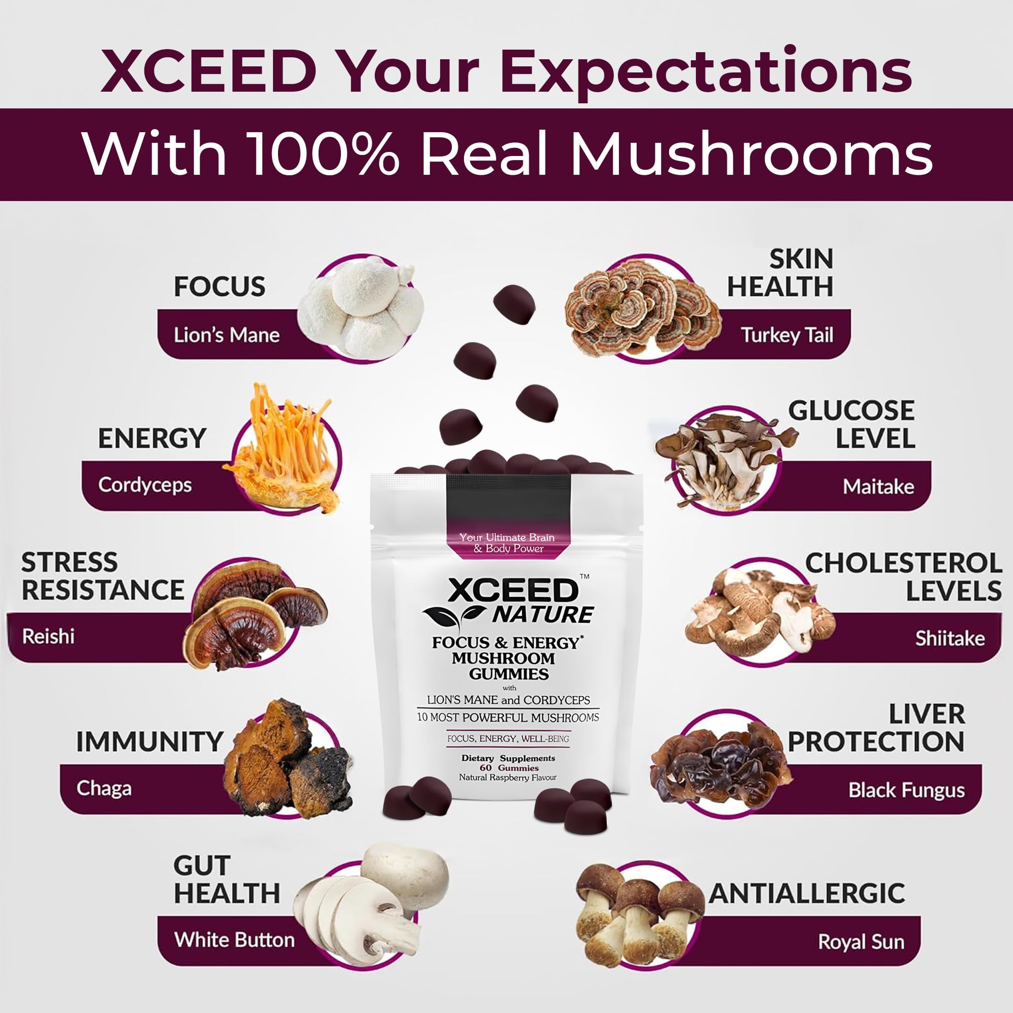 XCEED NATURE Functional Mushrooms Gummies raspberry flavour close-up