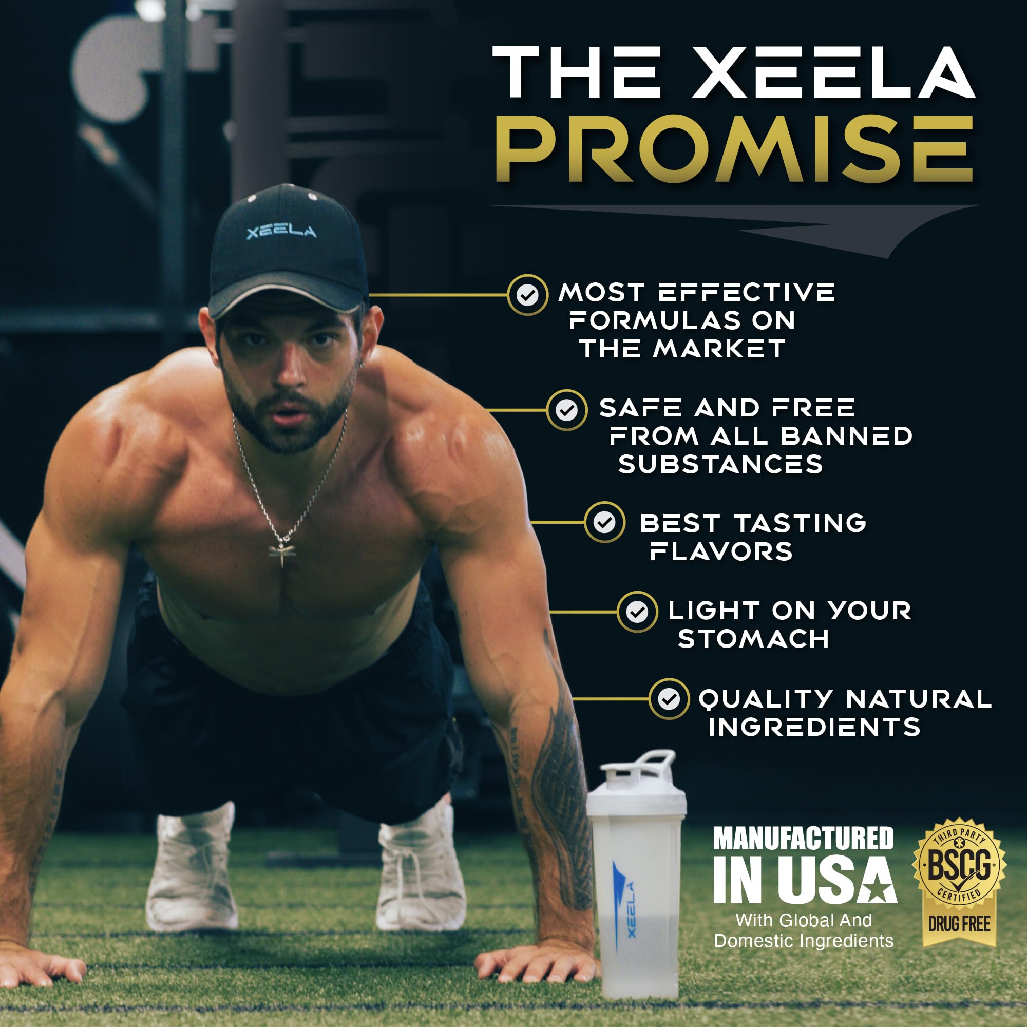 XEELA Creatine Supplement 249g with a glass of water