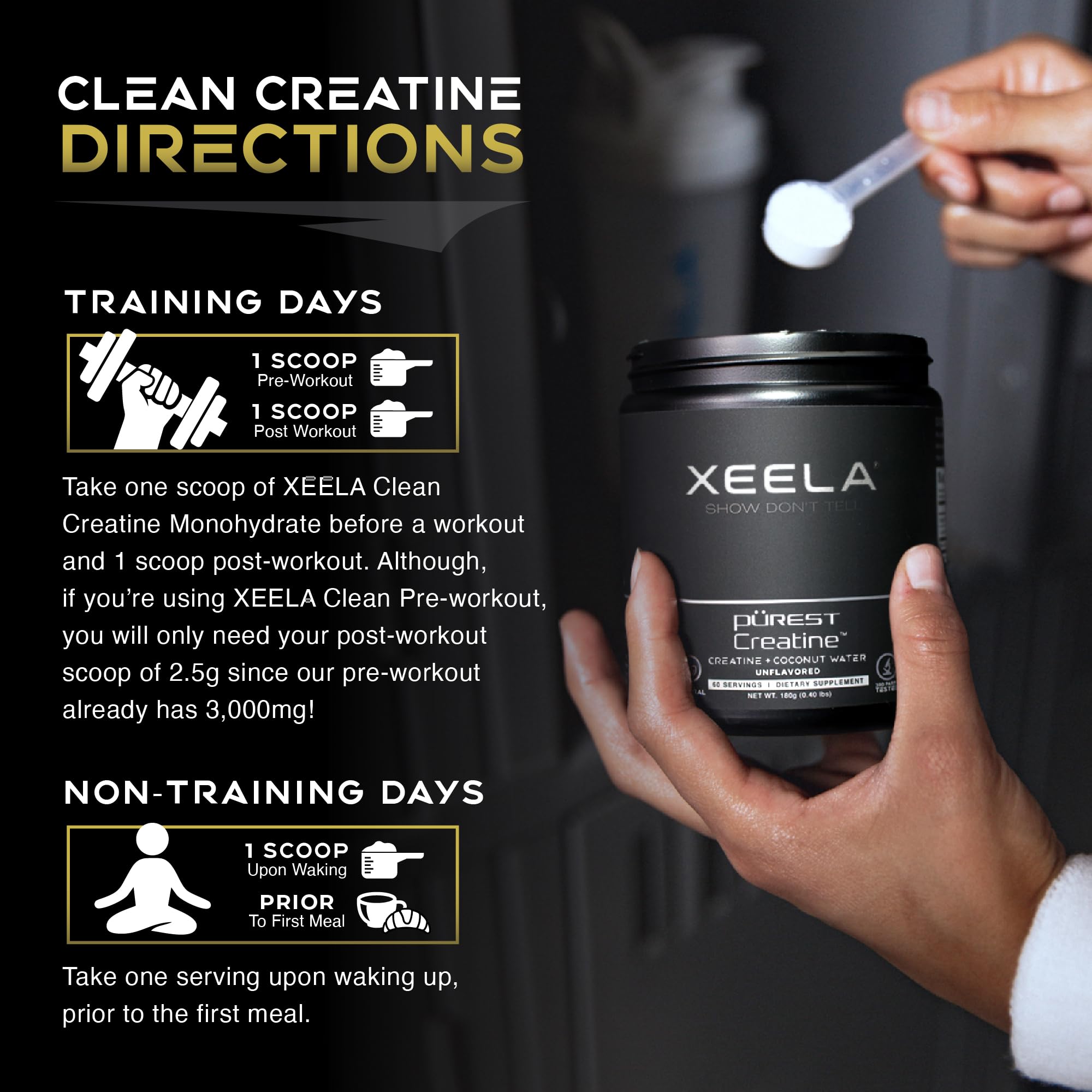 XEELA Creatine Supplement 249g with fitness gear