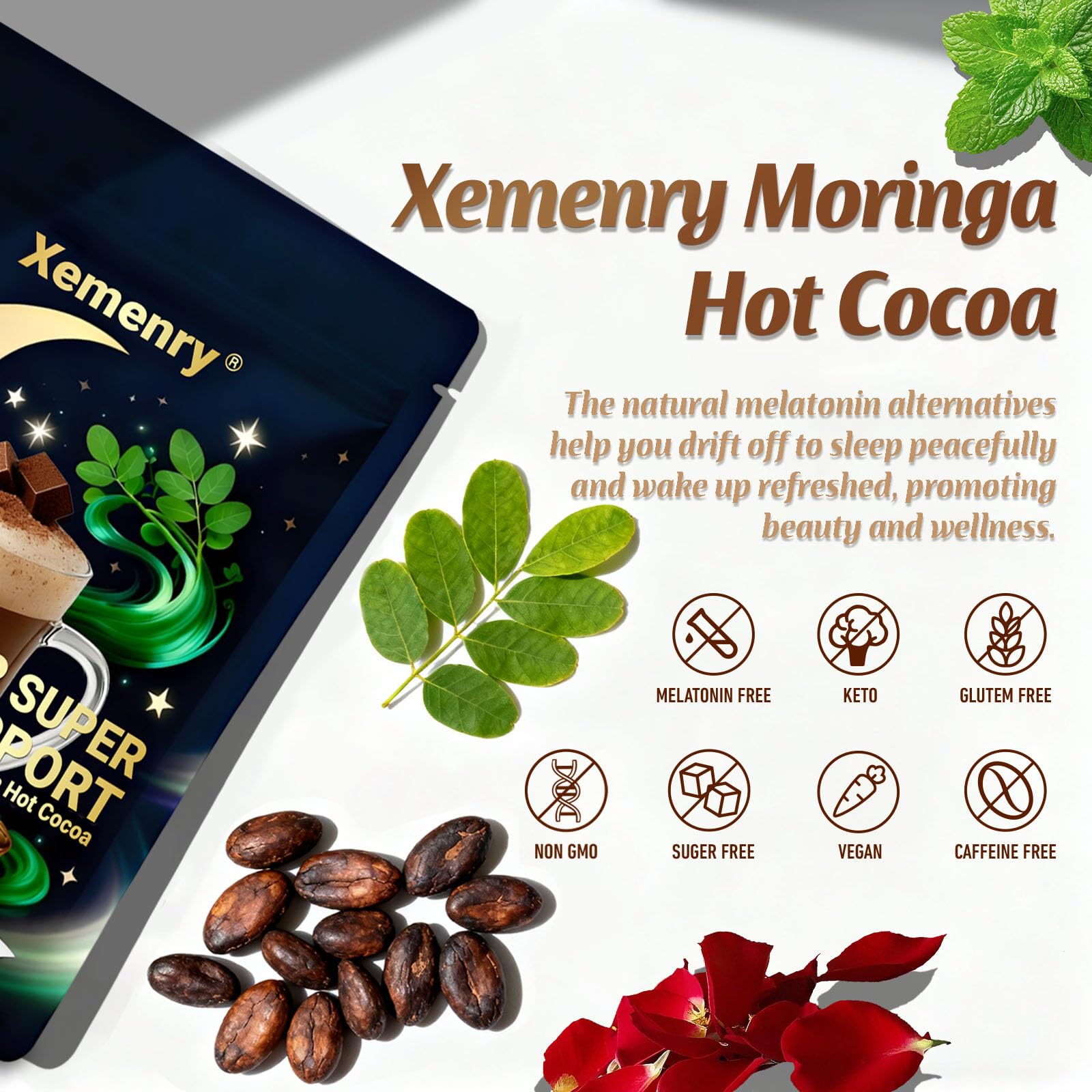 Xemenry Moringa Hot Cocoa Powder Mix 222g close-up of powder