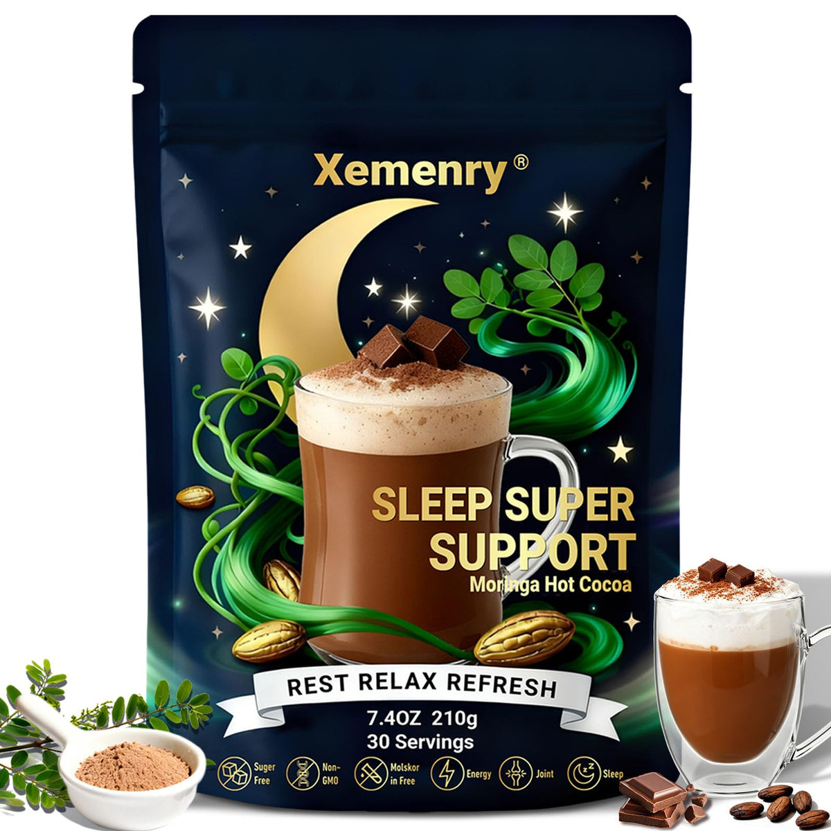 Xemenry Moringa Hot Cocoa Powder Mix 222g front view