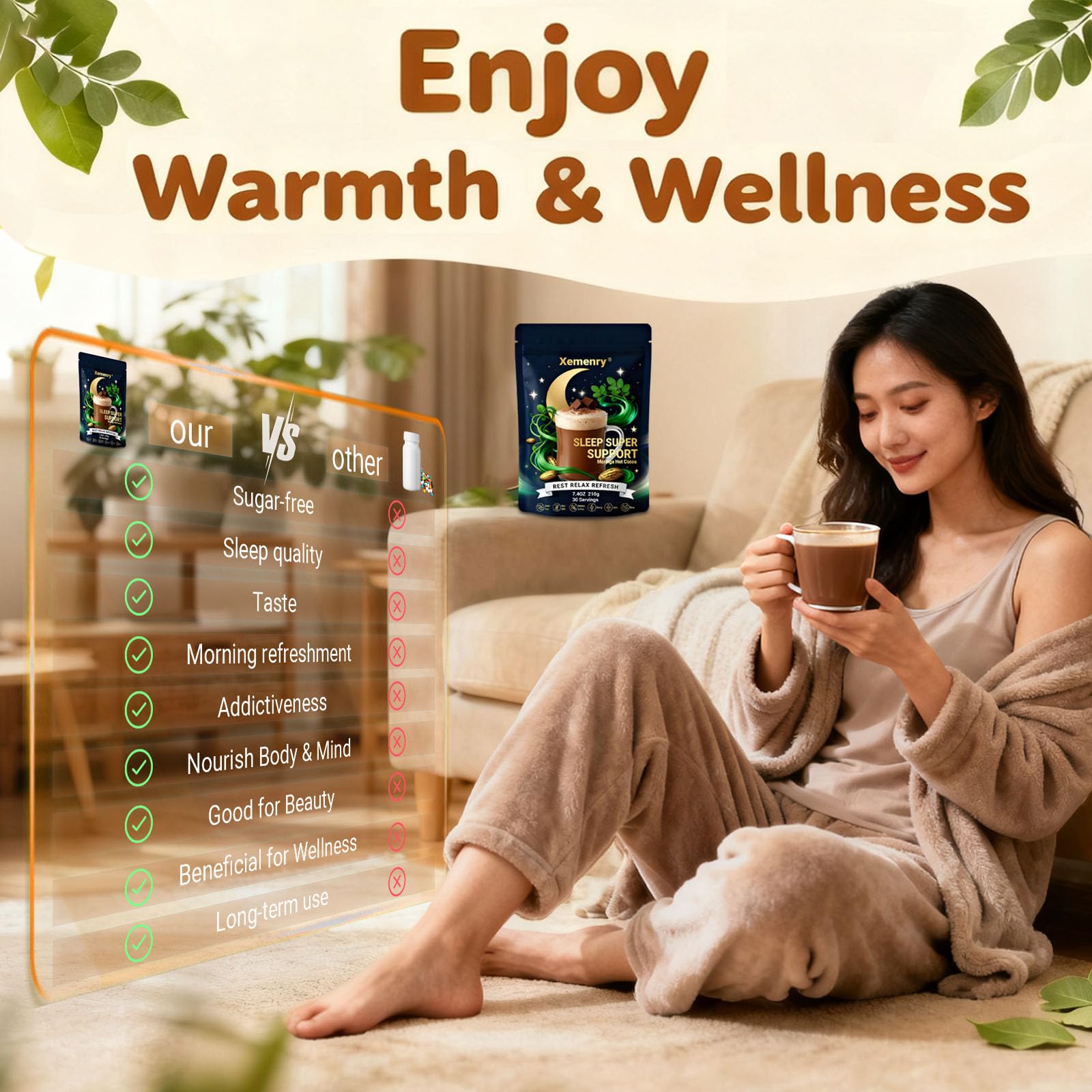 Xemenry Moringa Hot Cocoa Powder Mix 222g ingredients list