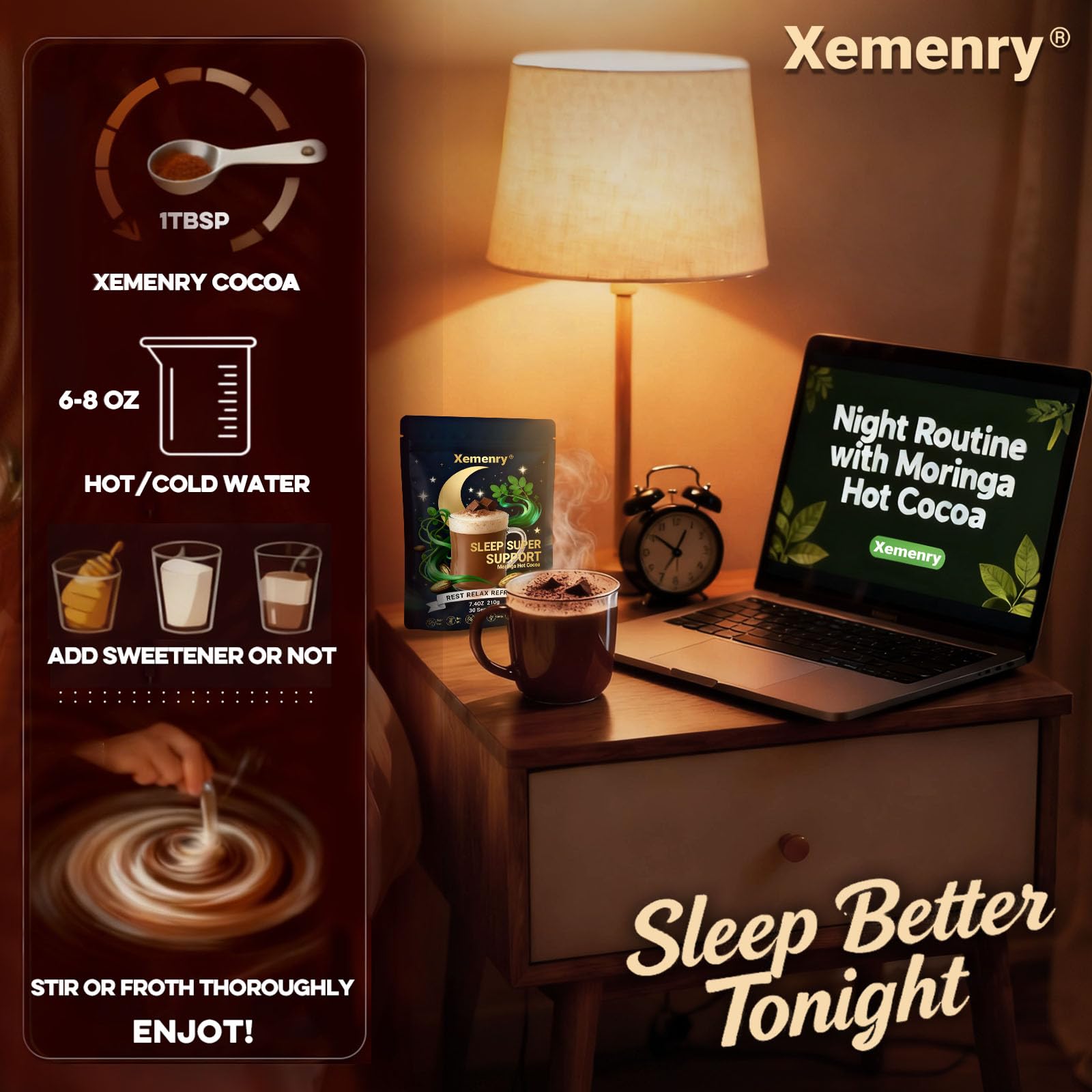 Xemenry Moringa Hot Cocoa Powder Mix 222g lifestyle scene