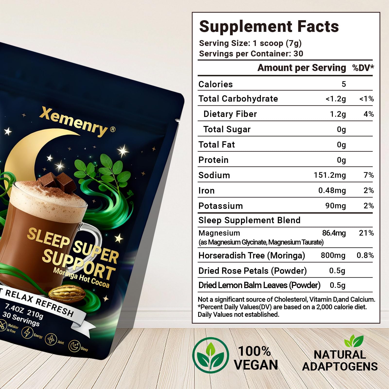 Xemenry Moringa Hot Cocoa Powder Mix 222g nutritional information