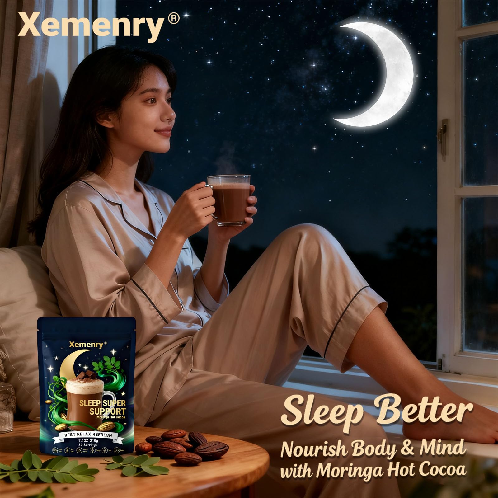 Xemenry Moringa Hot Cocoa Powder Mix 222g packaging