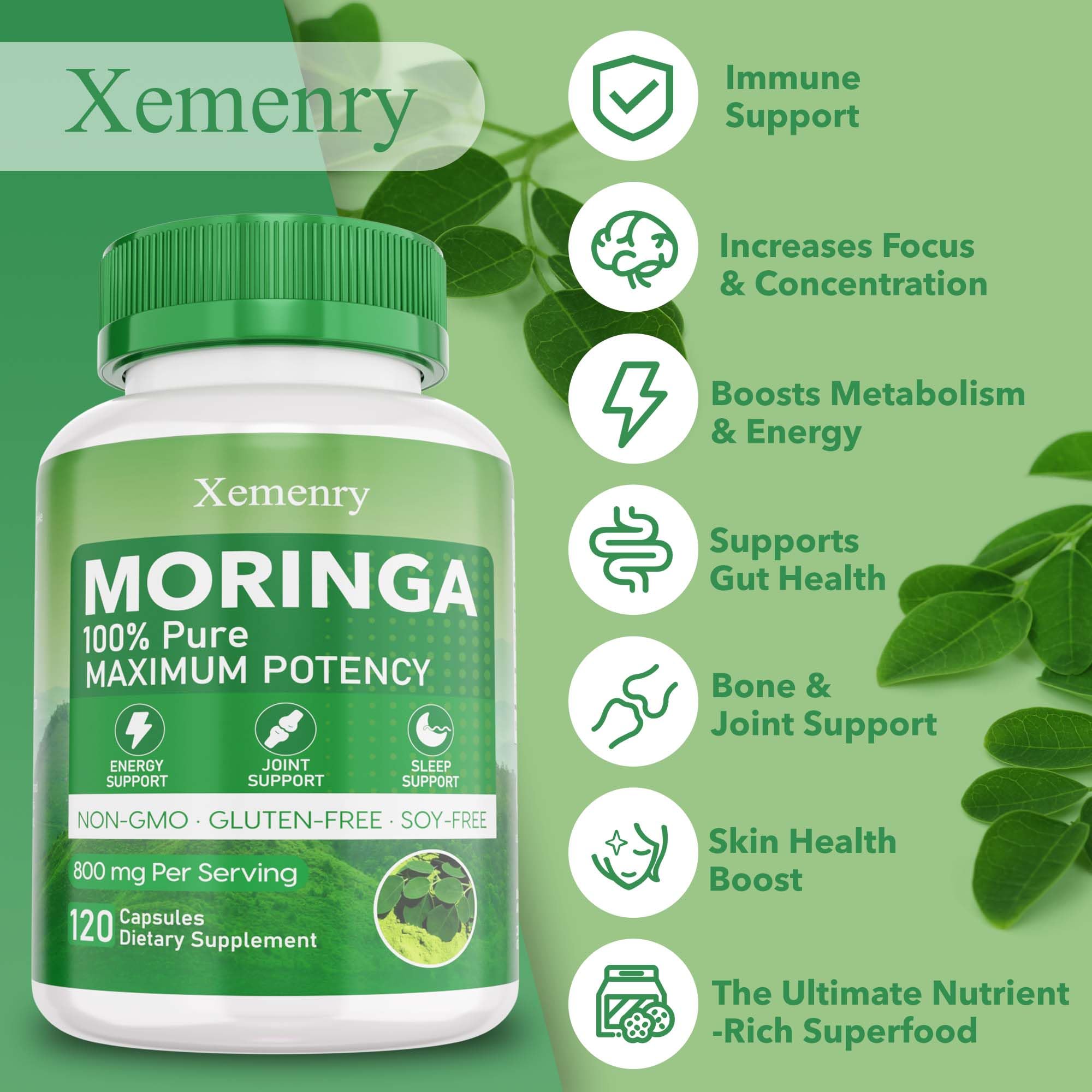 Xemenry Moringa Oleifera Capsules on a wooden surface