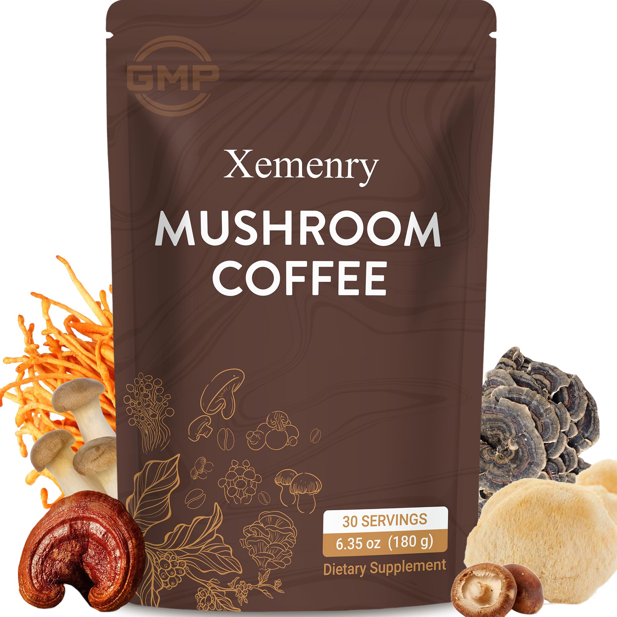 Xemenry Mushroom Coffee 195g front view with packaging