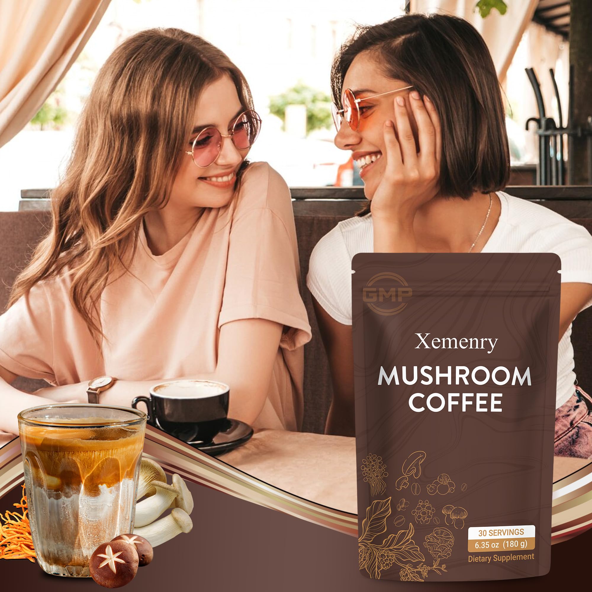 Xemenry Mushroom Coffee lifestyle scene with coffee cup
