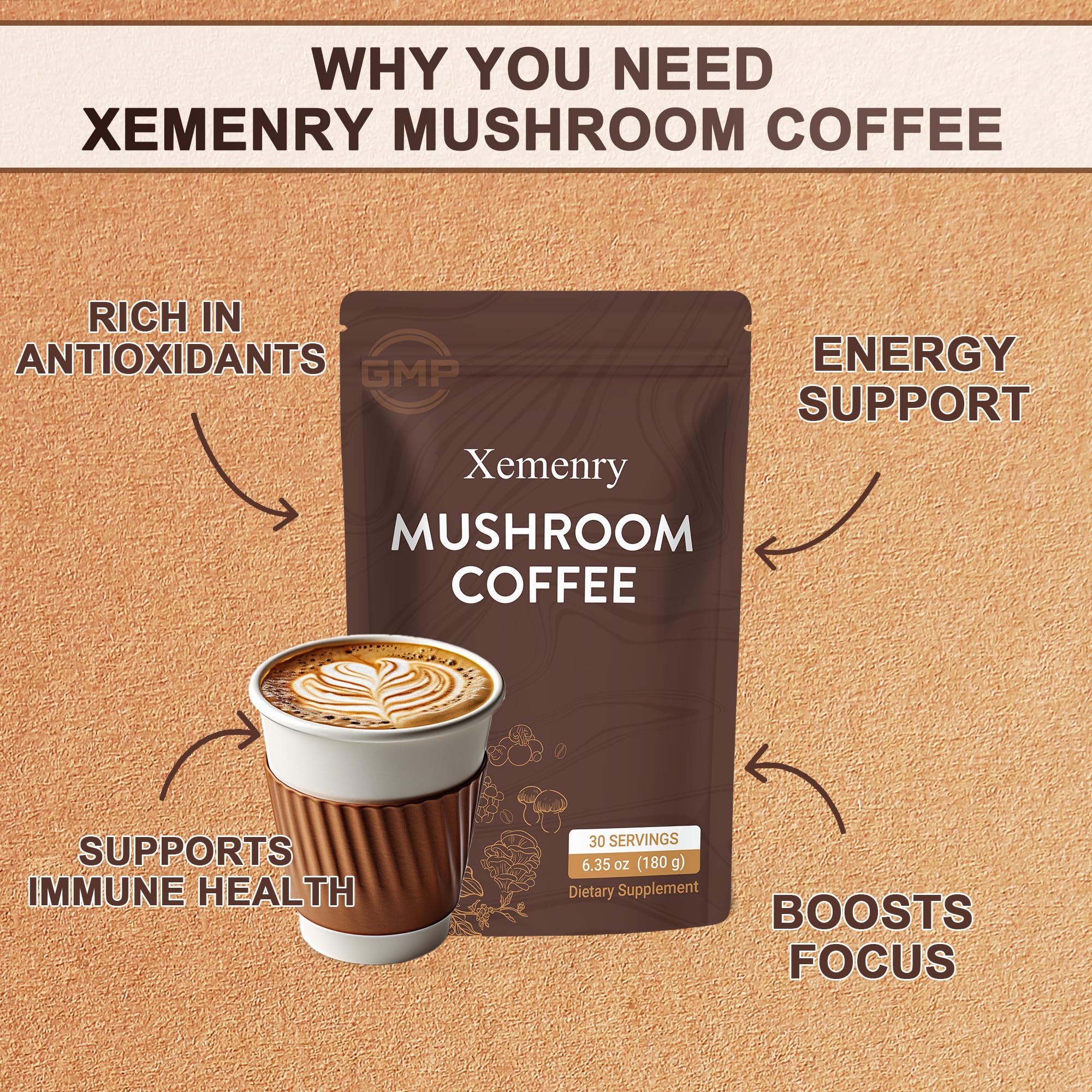Xemenry Mushroom Coffee served in a cup with steam