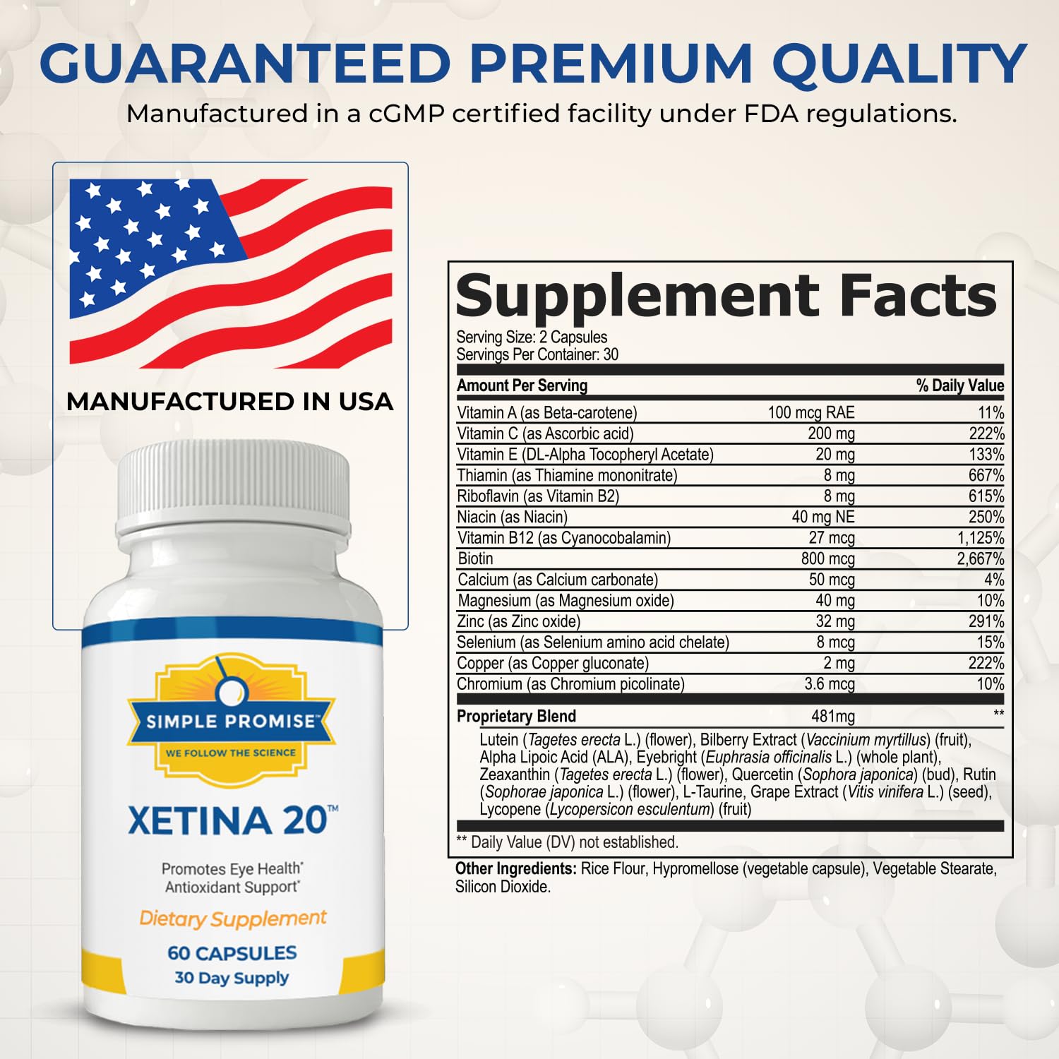 Xetina 20 supplement bottle with label details