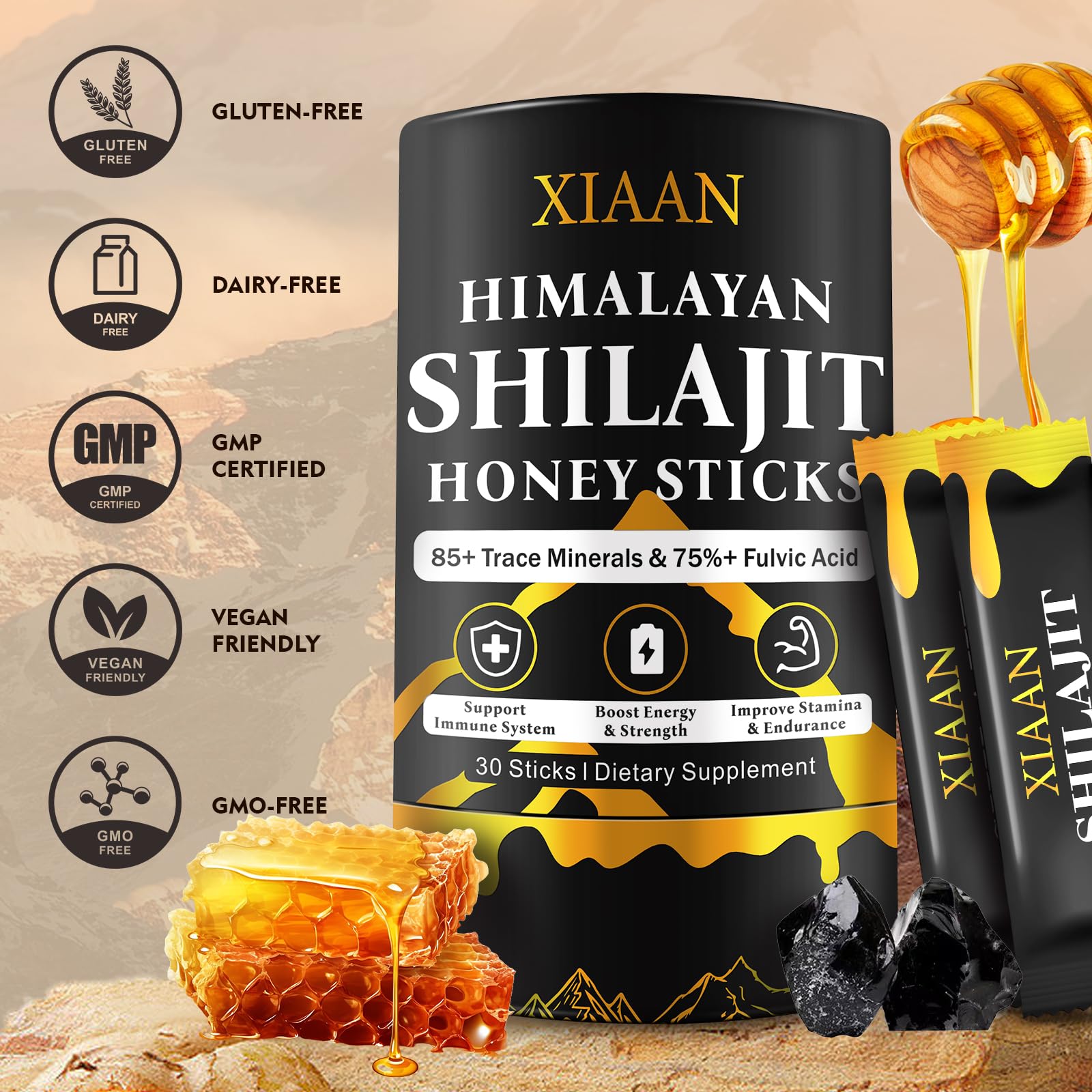 XIAAN Himalayan Shilajit Honey Sticks on a wooden table