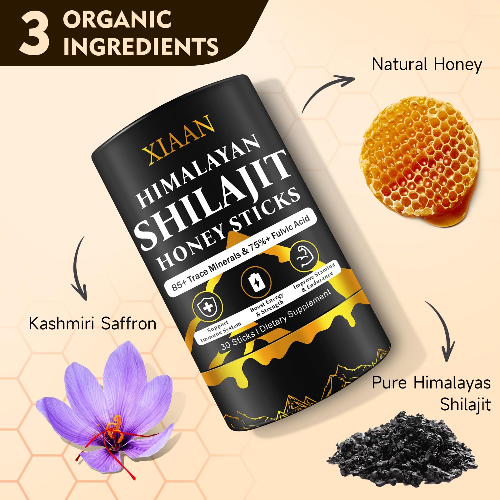XIAAN Himalayan Shilajit Honey Sticks with honey jar