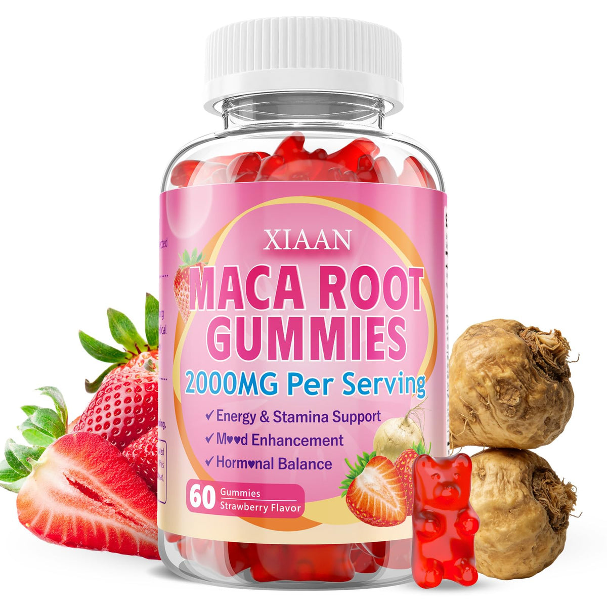 XIAAN Maca Root Gummies front view, organic strawberry flavour