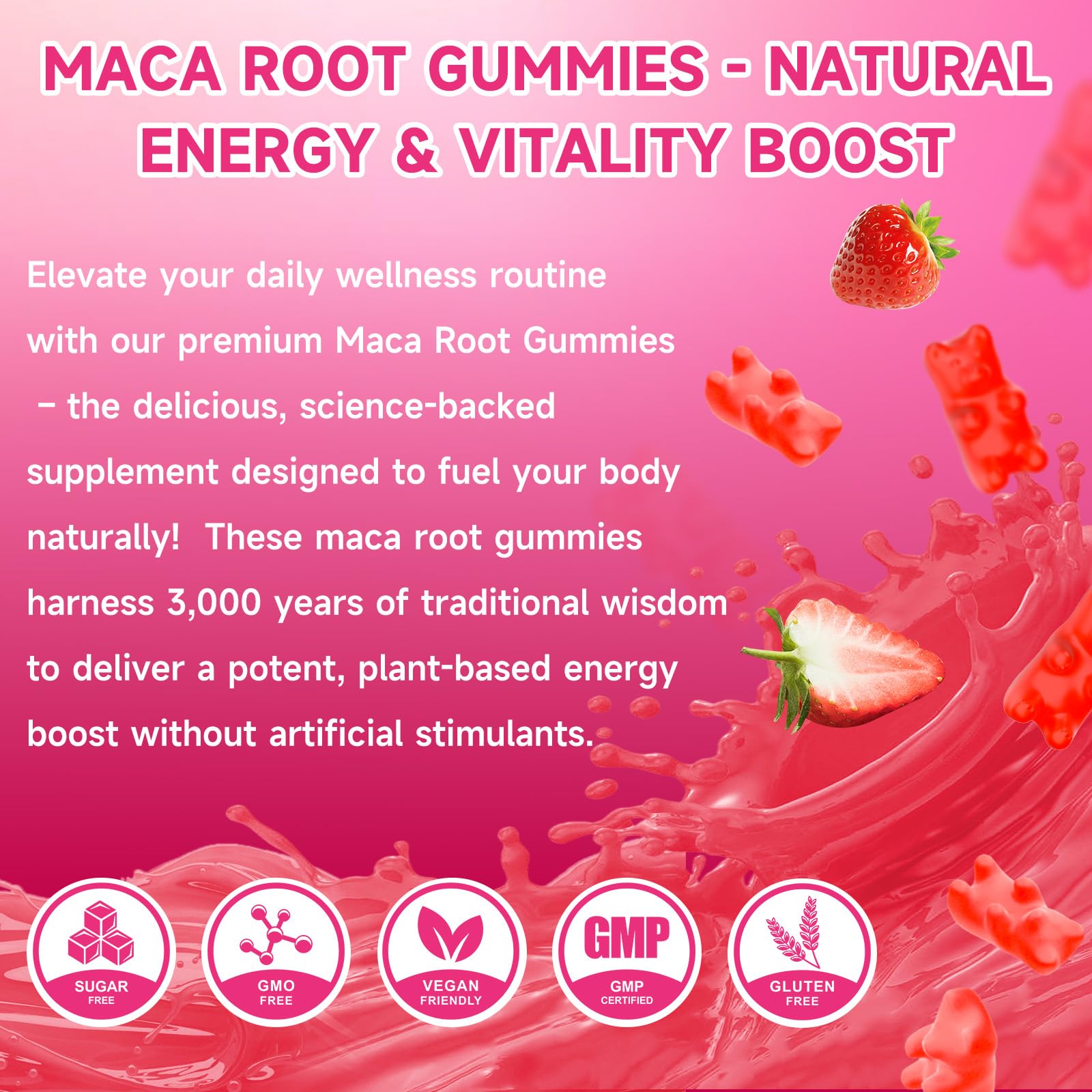 XIAAN Maca Root Gummies with fresh strawberries on a table