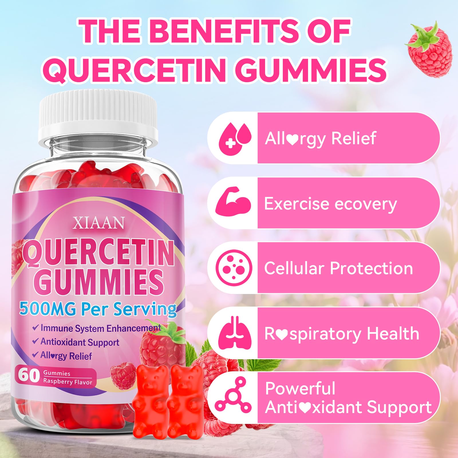 XIAAN Quercetin Gummies back view with nutrition facts