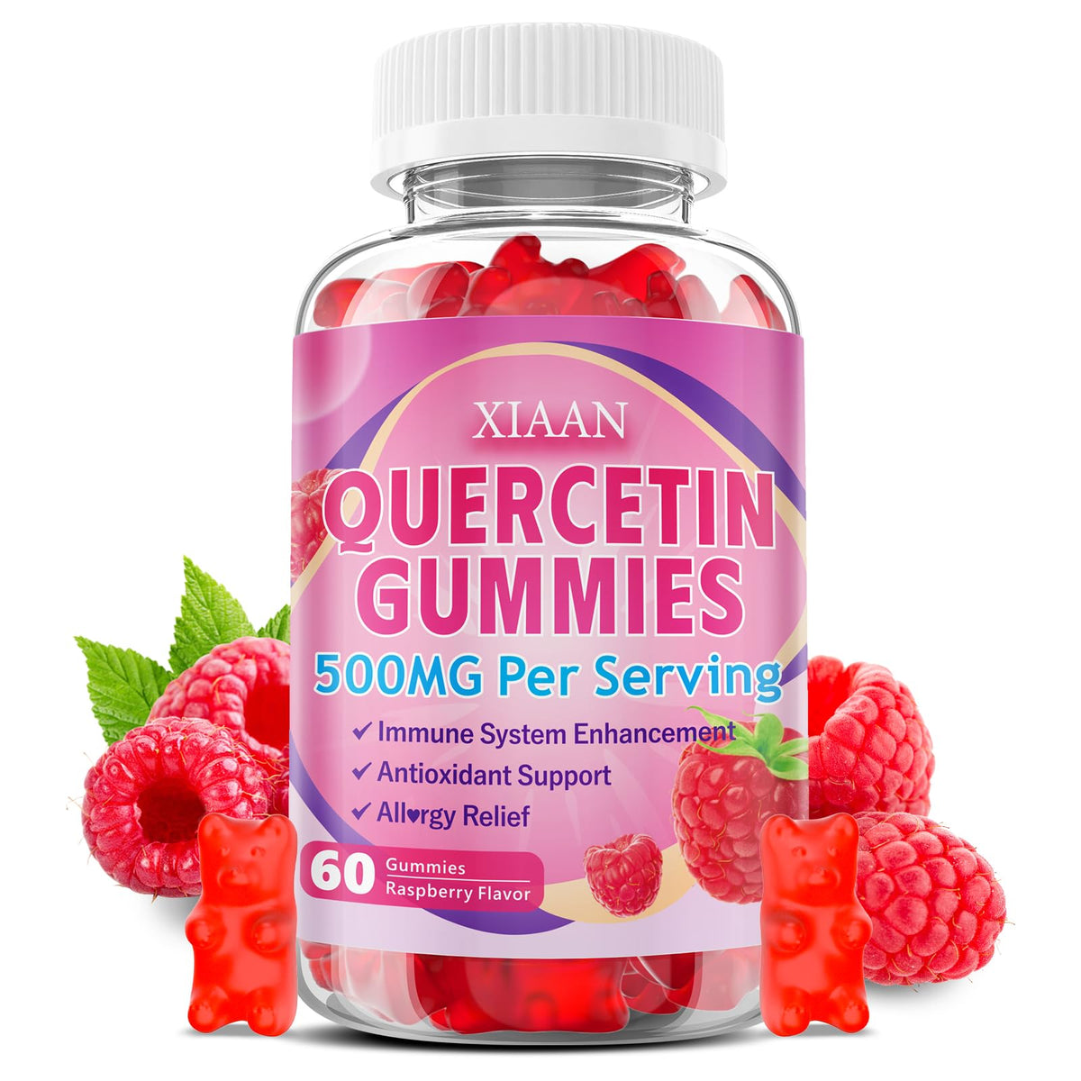 XIAAN Quercetin Gummies packaging front view with raspberry flavour
