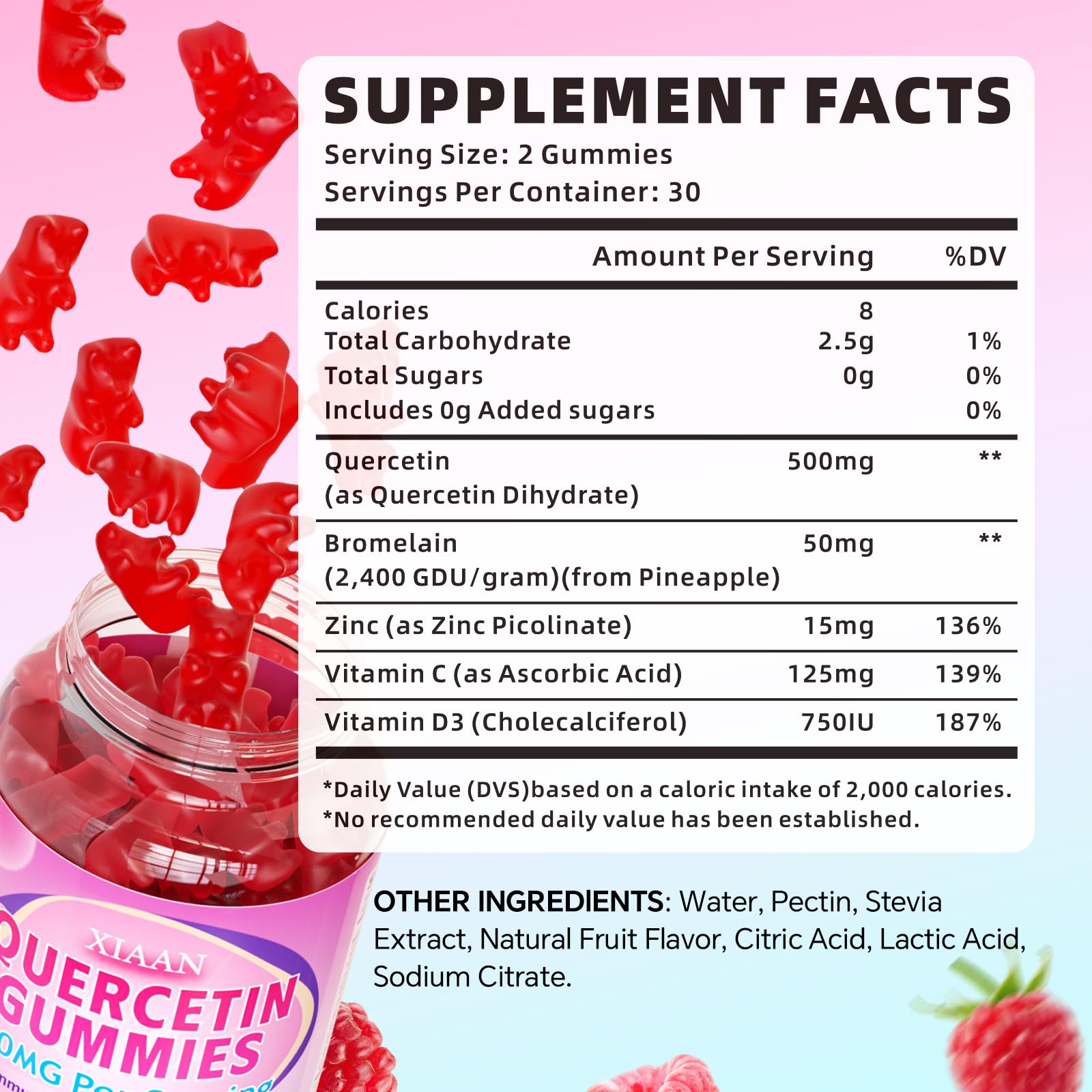 XIAAN Quercetin Gummies showing individual gummies in a bowl