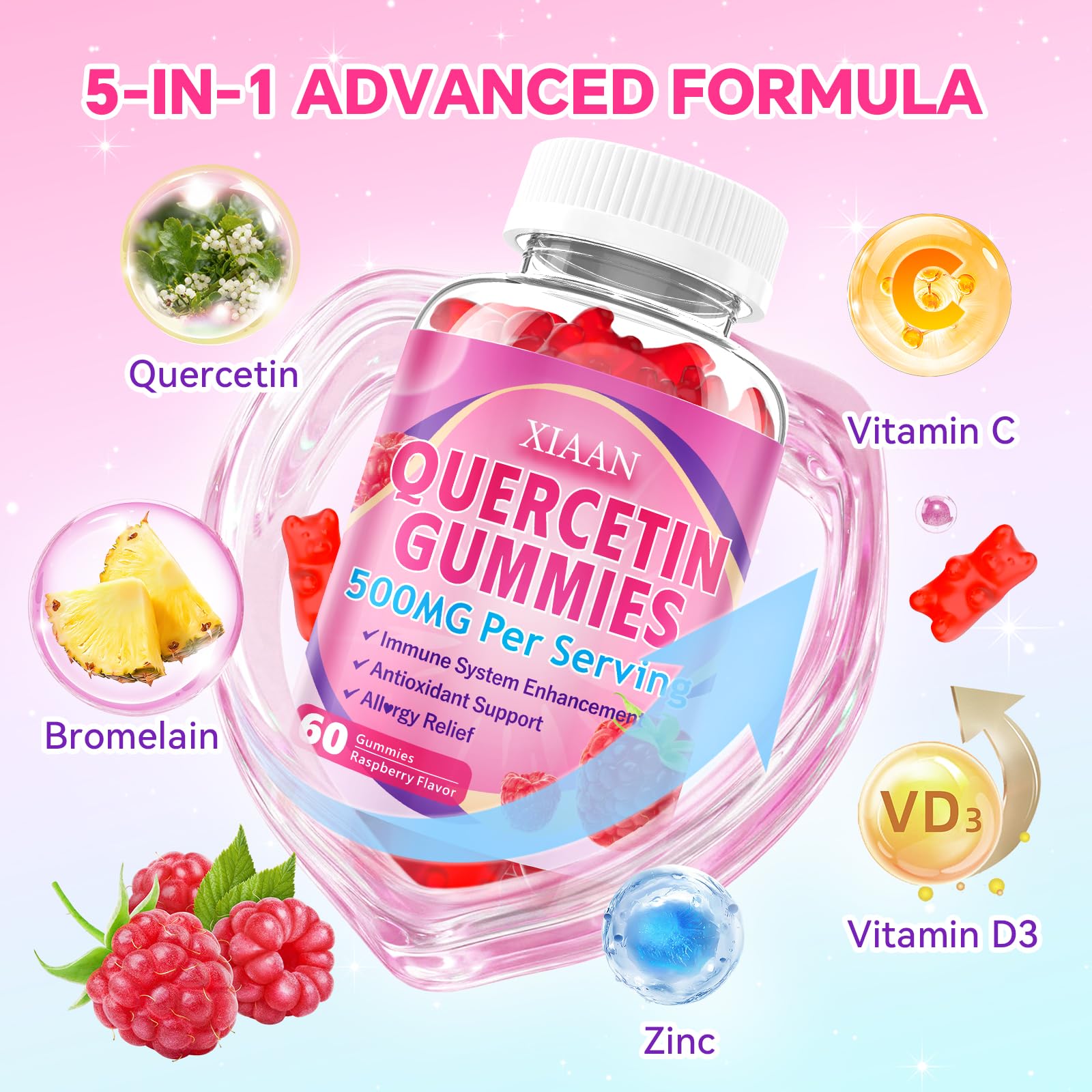 XIAAN Quercetin Gummies side view highlighting ingredients