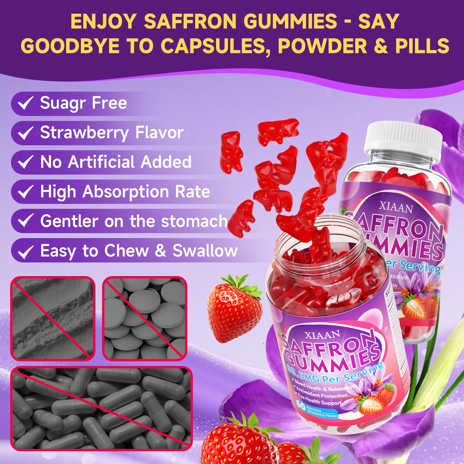 XIAAN Saffron Gummies on a wooden table