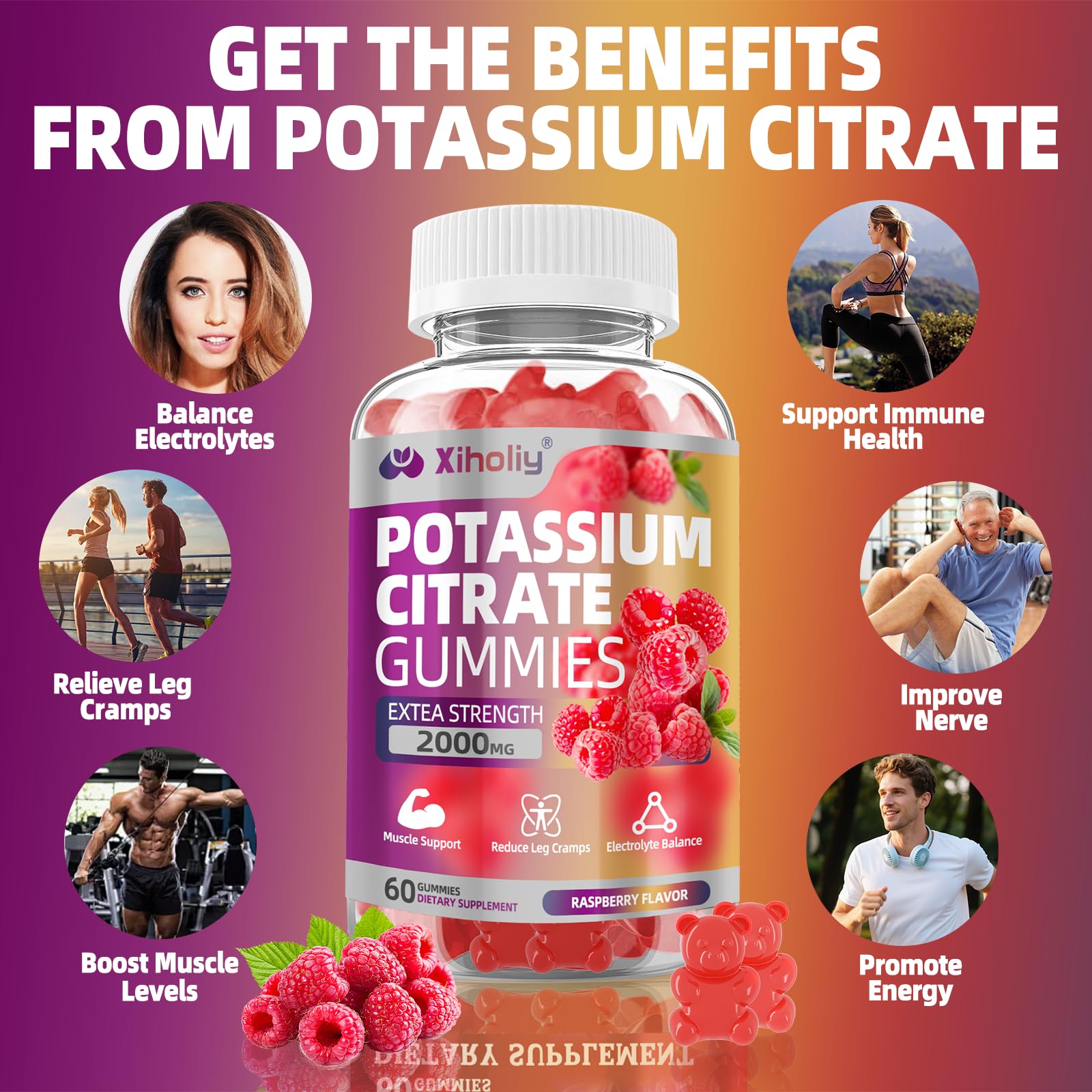 XIHOLIY Potassium Citrate Gummies raspberry flavour close-up